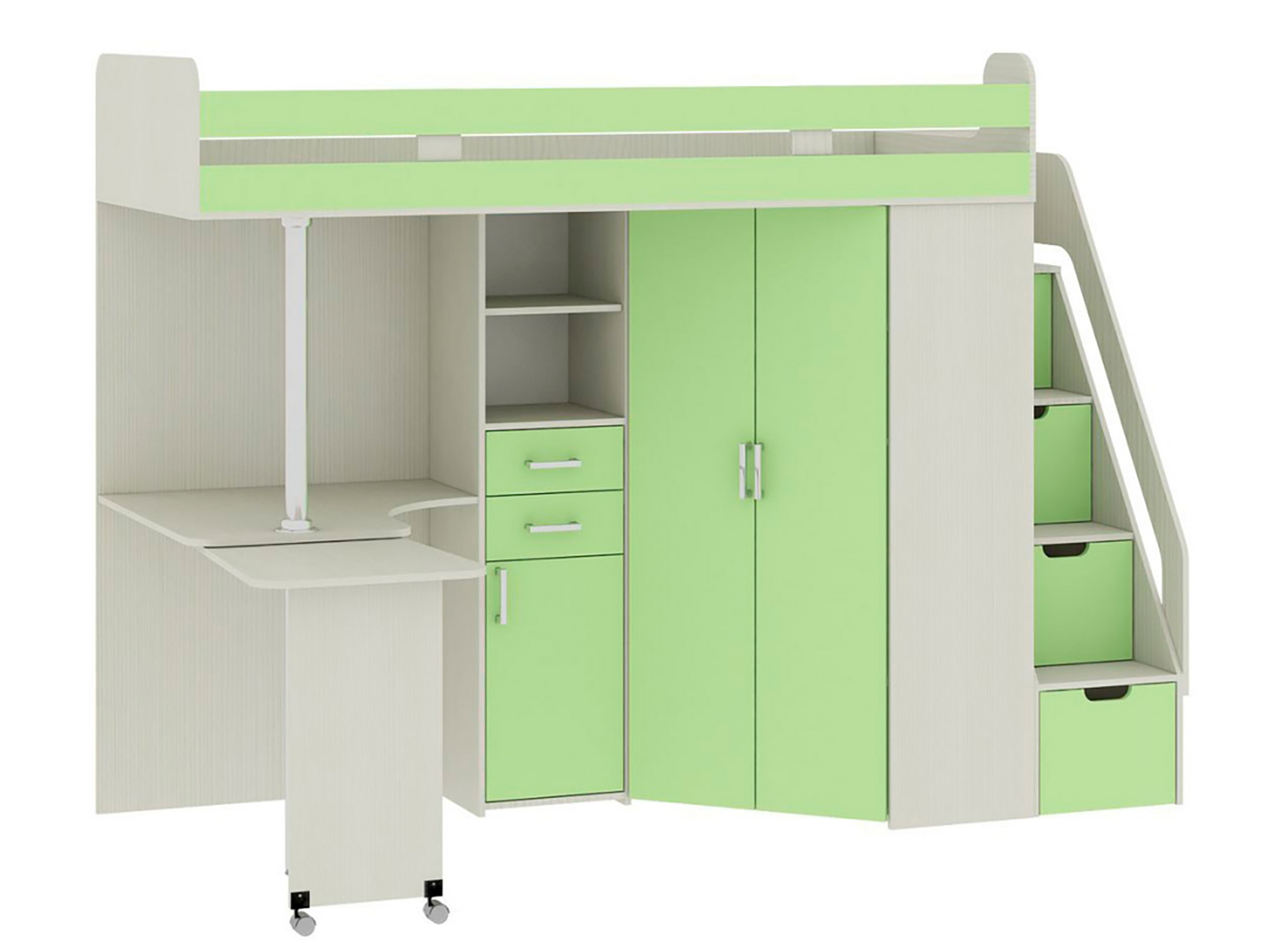 Кровать-чердак со шкафом и столом Рада Сосна карелия, Зеленый, , ЛДСП цена и фото