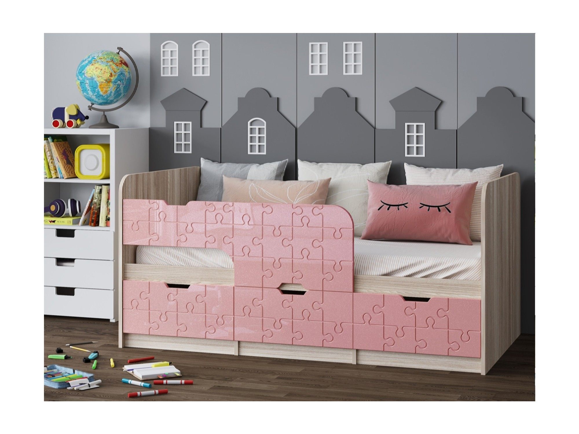 Детская кровать Юниор-9, 80х180 (Розовый металлик, Ясень шимо светлый) Розовый металлик, Бежевый, ЛДСП