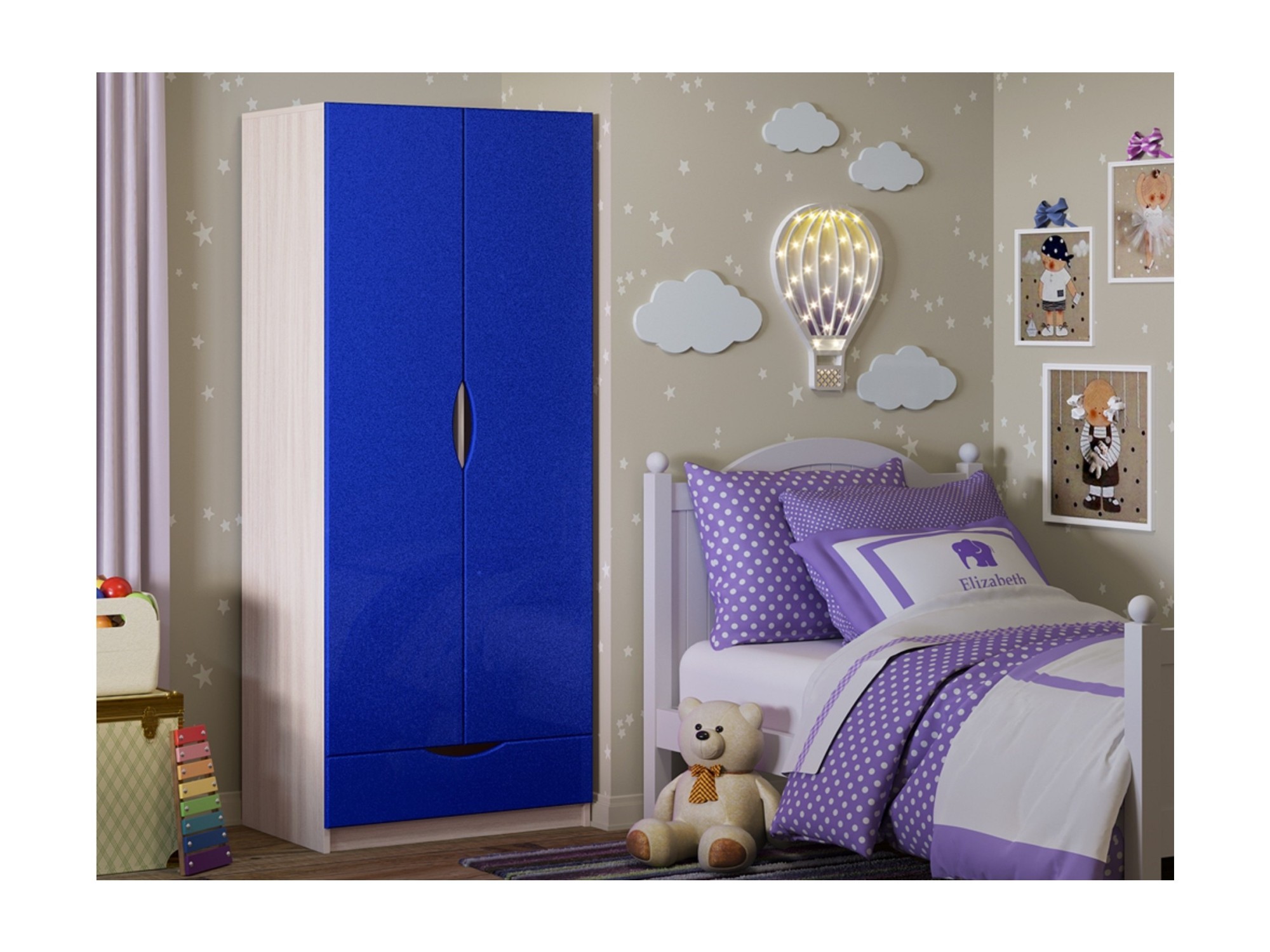 Детский шкаф Бемби-3 МДФ (Ясень шимо светлый, Темно-синий металлик) Темно-синий металлик, Бежевый, ЛДСП