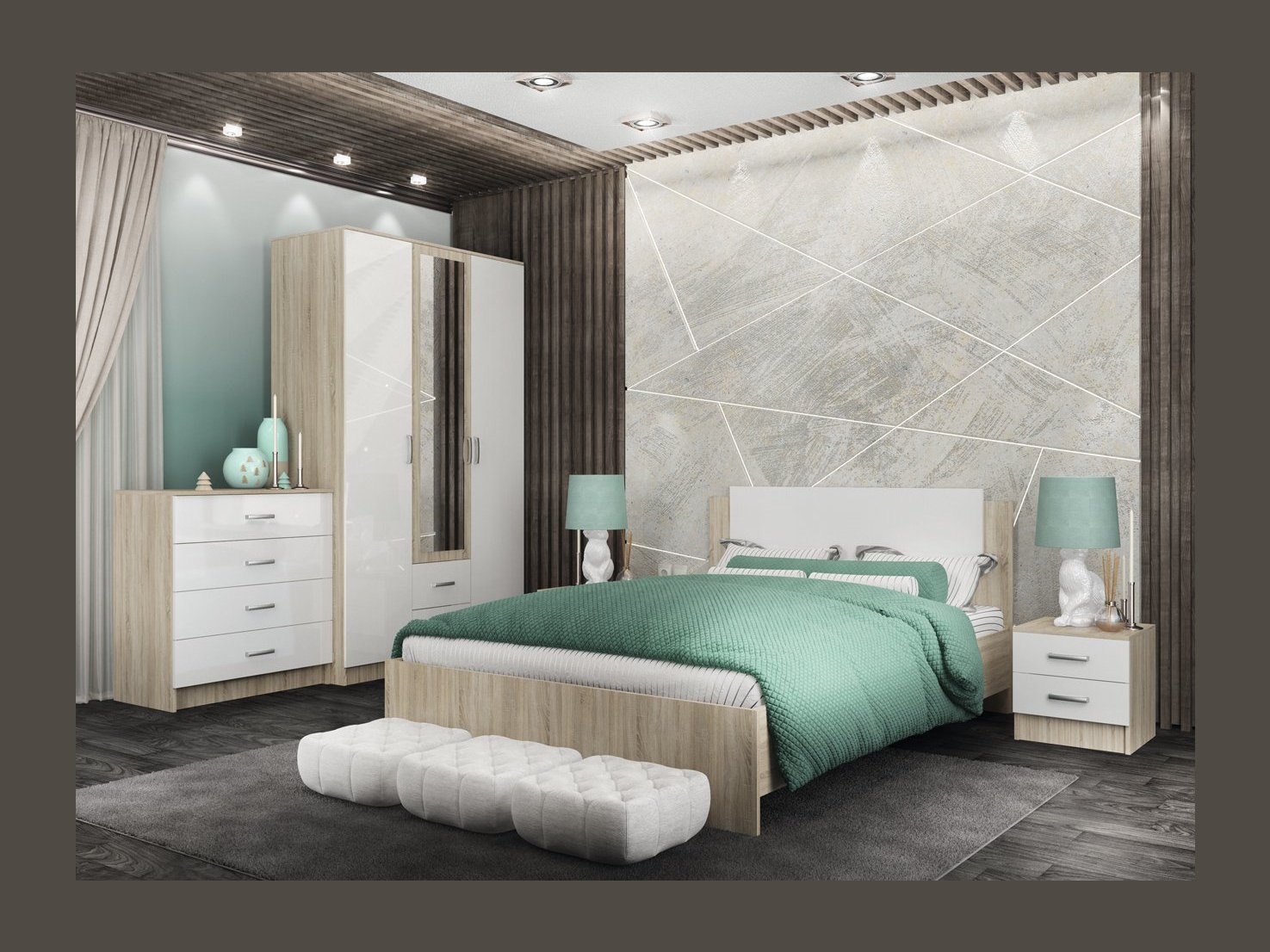 Модульная спальня Софи, композиция 4 (Белый глянец, Дуб Сонома) Бежевый, ЛДСП