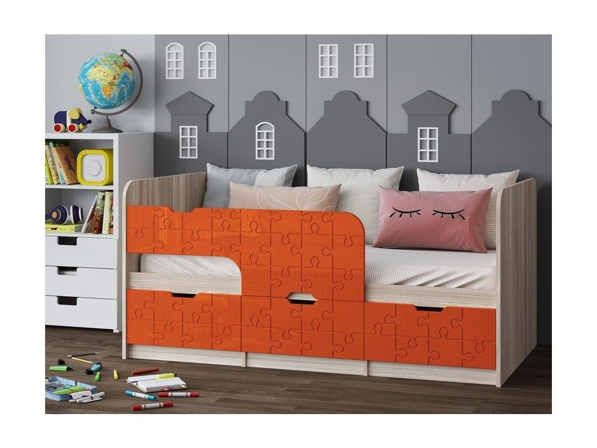 Детская кровать Юниор-9, 80х180 (Апельсин металлик, Ясень шимо светлый) Апельсин металлик, Бежевый, ЛДСП