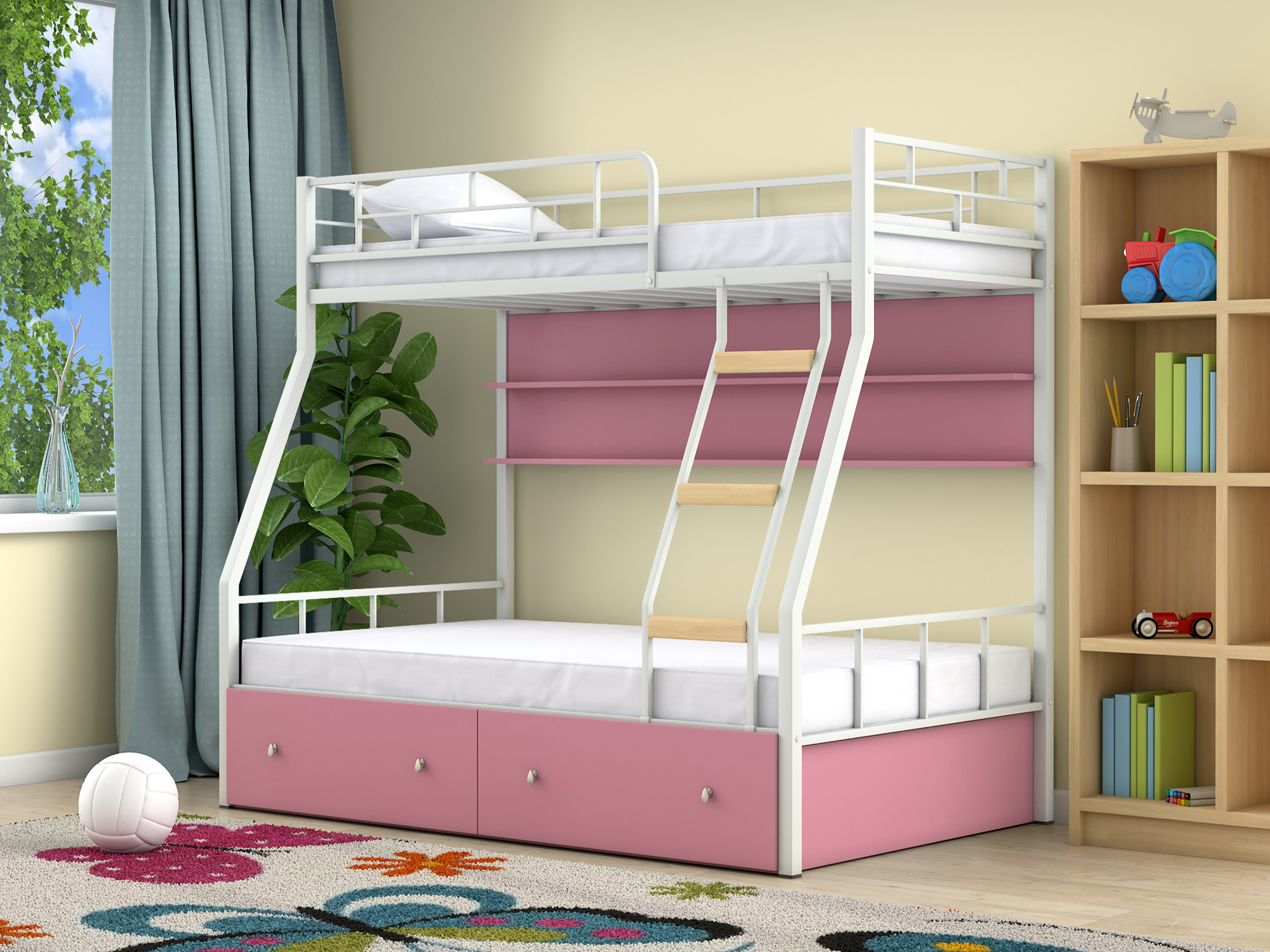 Двухъярусная кровать Радуга (90х190/120х190) Розовый, Белый, ЛДСП, Металл цена и фото