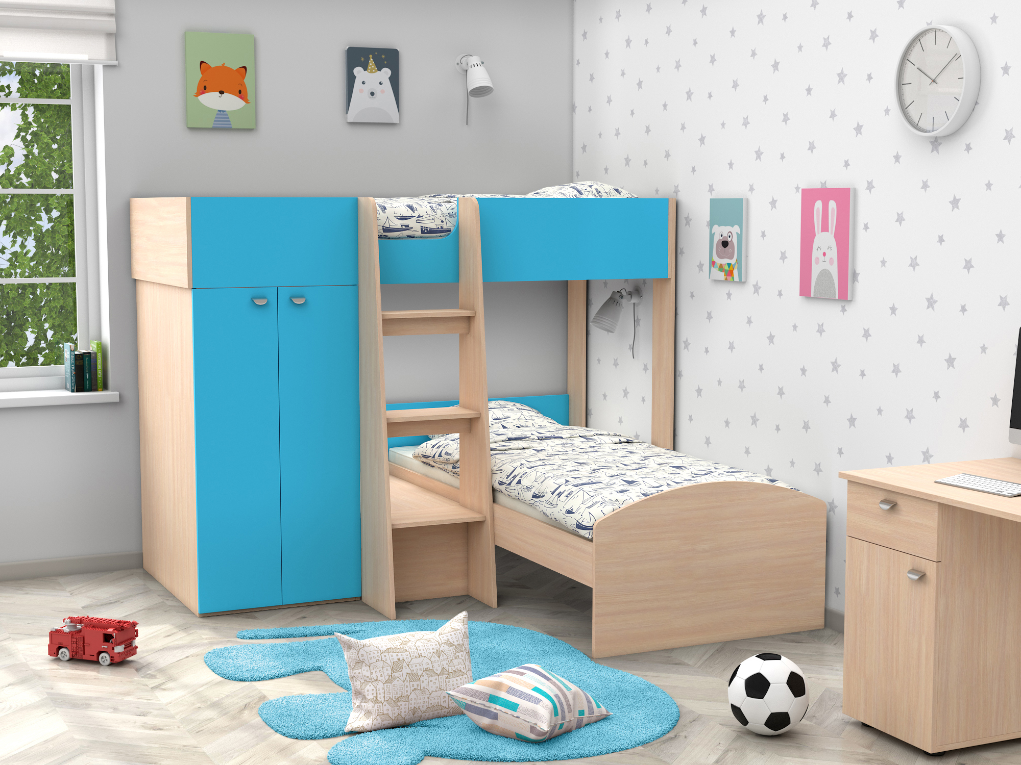 Двухъярусная кровать Golden Kids-4 (90х200) Голубой, Белый, Бежевый, ЛДСП