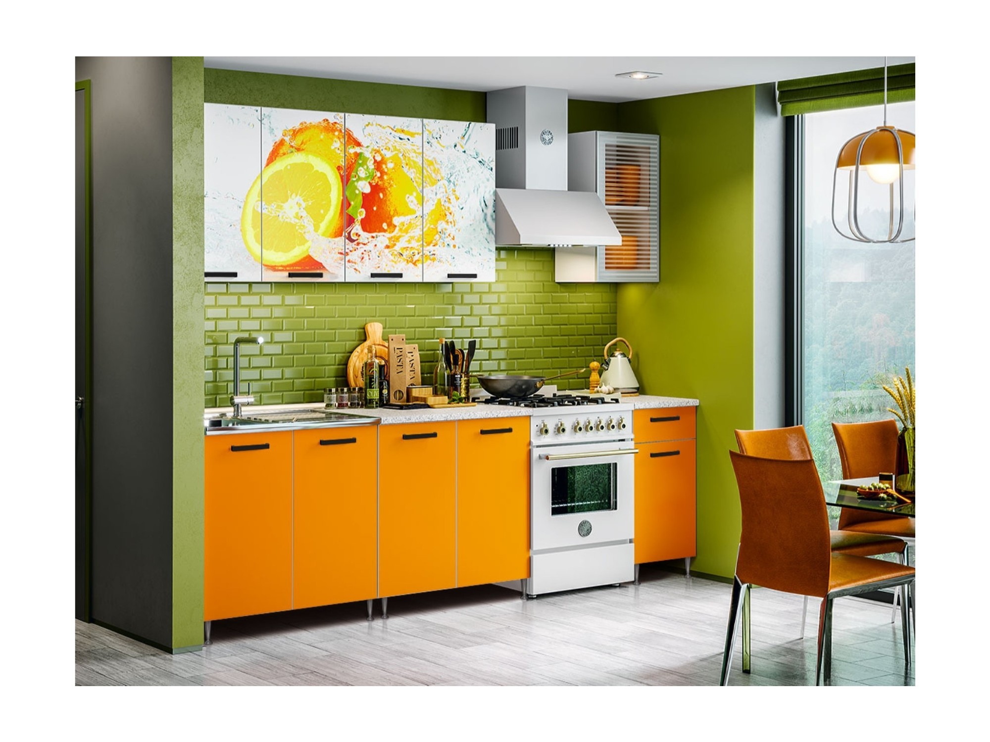 Кухня ЛДСП Рио-1 2000 с фотопечатью Апельсин, манго ЛДСП + фотопечать, ЛДСП кухонный гарнитур рио 1 2000 мм лдсп цвет манго фотопечать апельсин