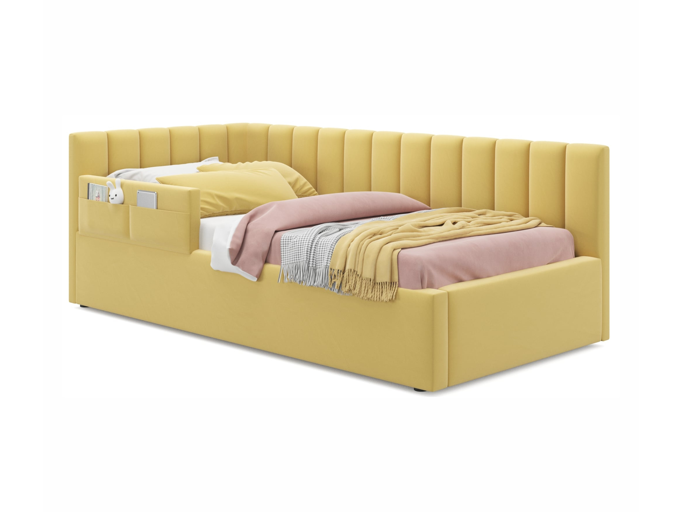 Мягкая кровать Milena с бортиком 900 желтая с подъемным механизмом желтый, Желтый, Велюр, ДСП