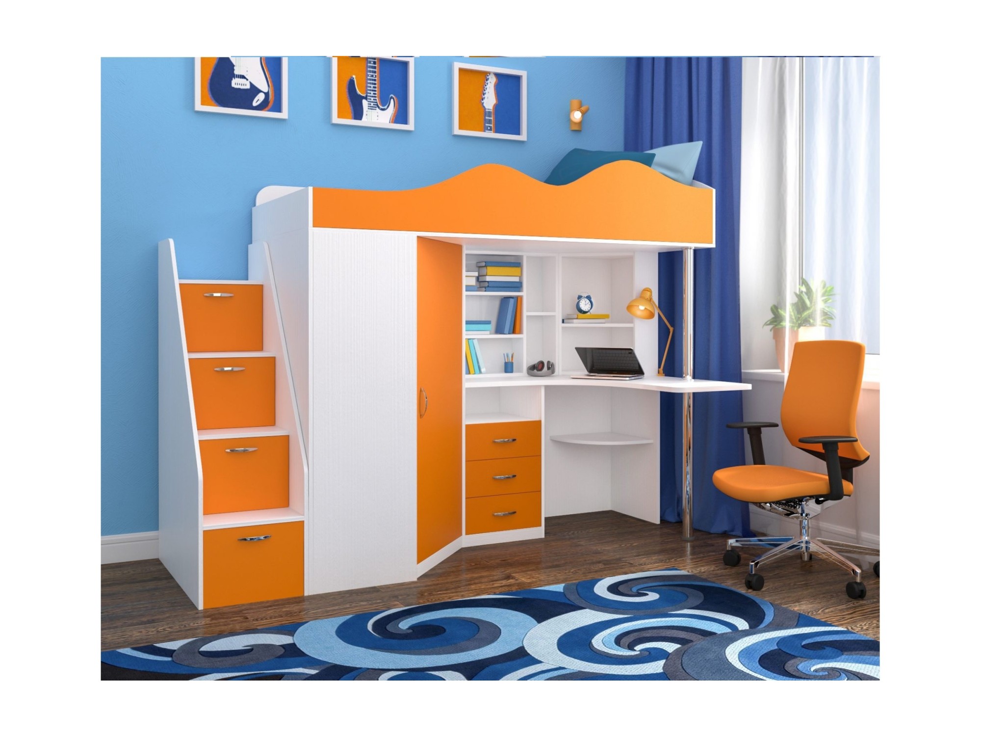 Кровать-чердак Пионер 1 (Белое дерево, Оранжевый) Оранжевый, ЛДСП цена и фото
