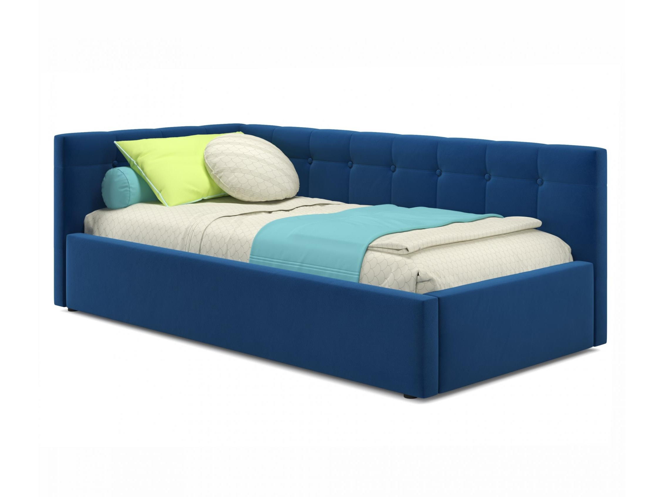 Односпальная кровать-тахта Bonna 900 синяя с подъемным механизмом и матрасом ГОСТ синий, Синий, Велюр, ДСП