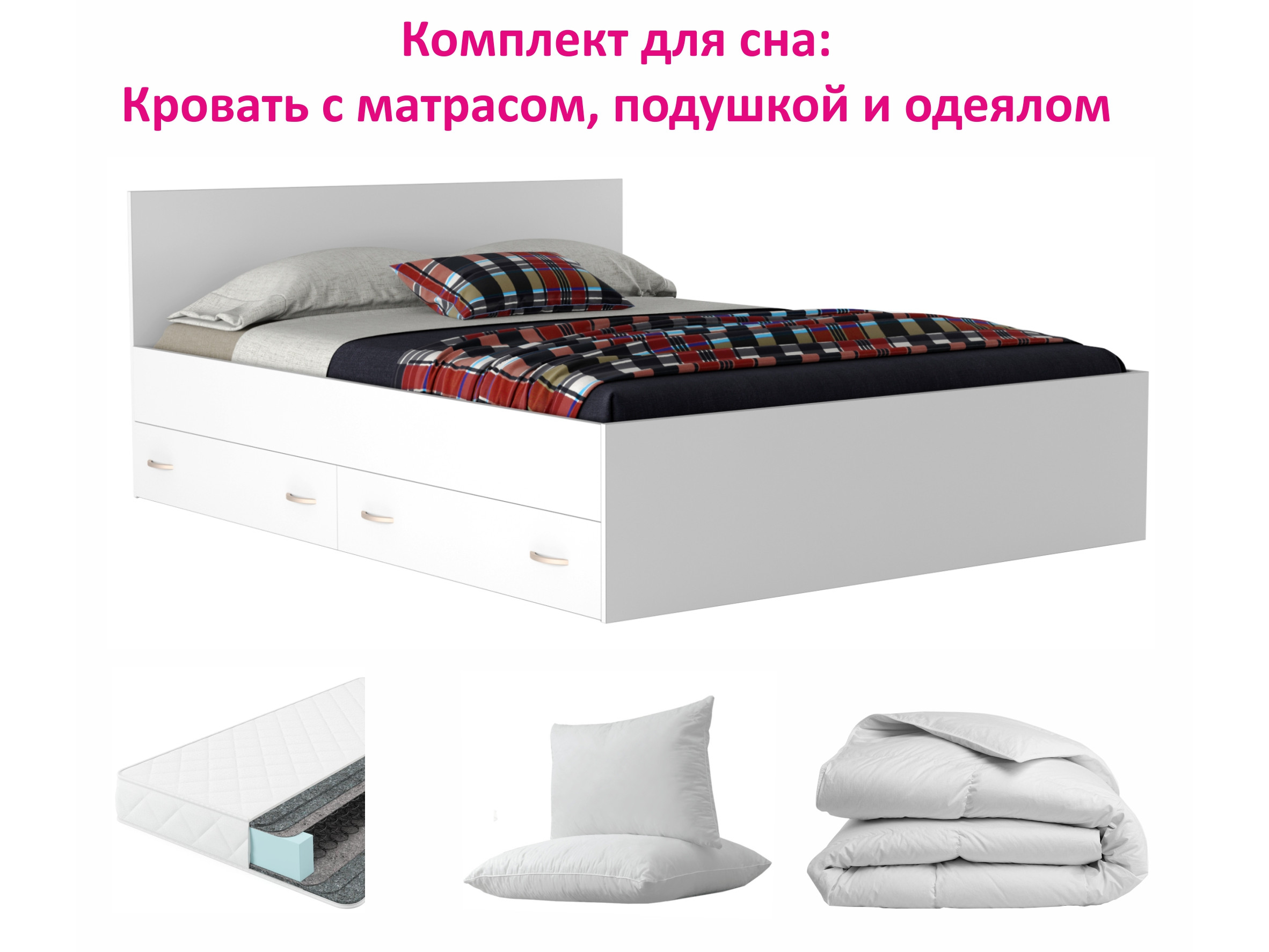 Комплект для сна Виктория 180 с ящиками (Белая) Белый, ЛДСП