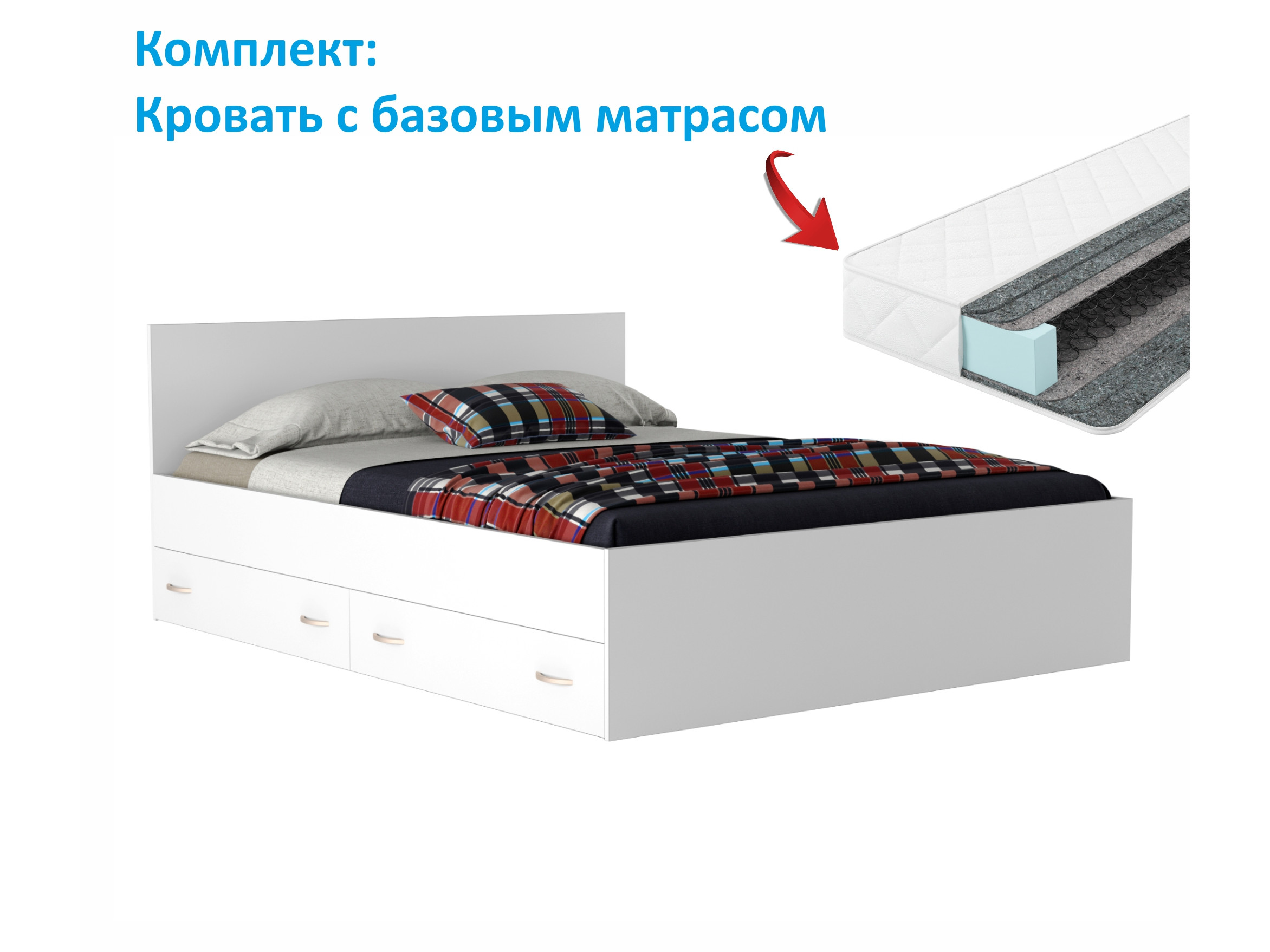 Двуспальная белая кровать Виктория 1600 с выдвижными ящиками с матрасом Белый, ЛДСП двуспальная кровать с ящиками 1600 с пеналом стандарт