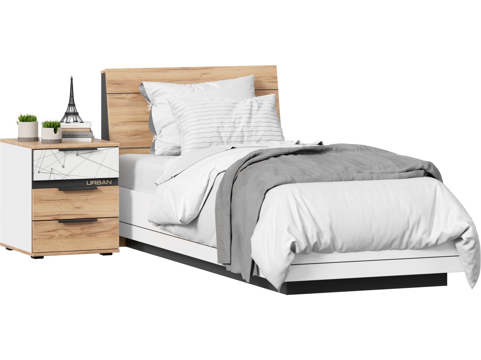 Урбан Кровать односпальная 900 с тумбой (Белый/Черный/Дуб золотой) Белый односпальная кровать виктория п с подушкой 900 с