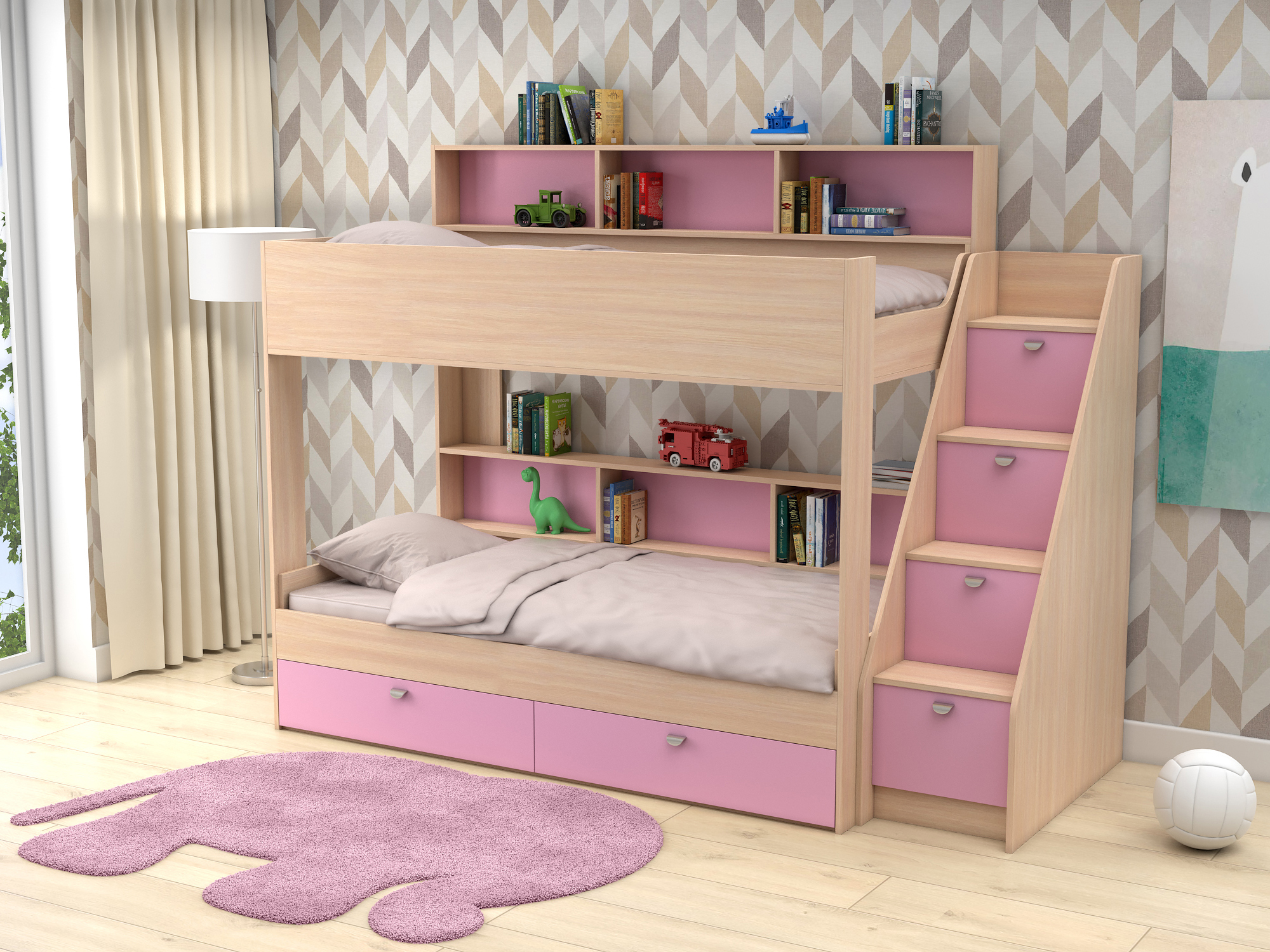 Двухъярусная кровать Golden Kids 10 (90х190) Розовый, Белый, Бежевый, ЛДСП