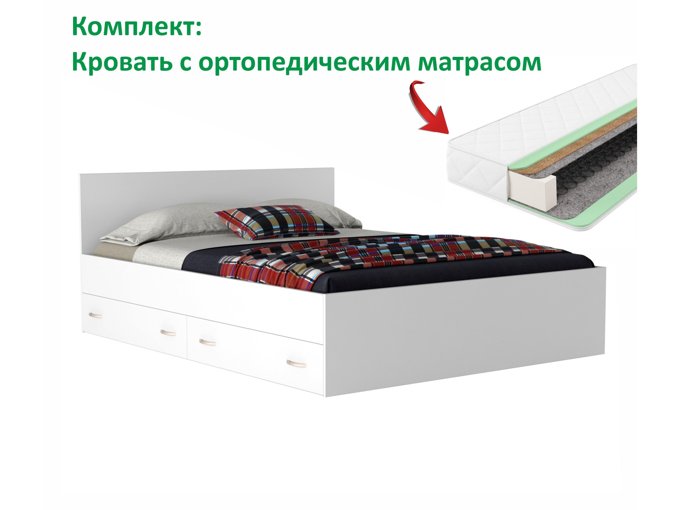 Двуспальная белая кровать Виктория 1600 с выдвижными ящиками с ортопедическим матрасом Белый, ЛДСП