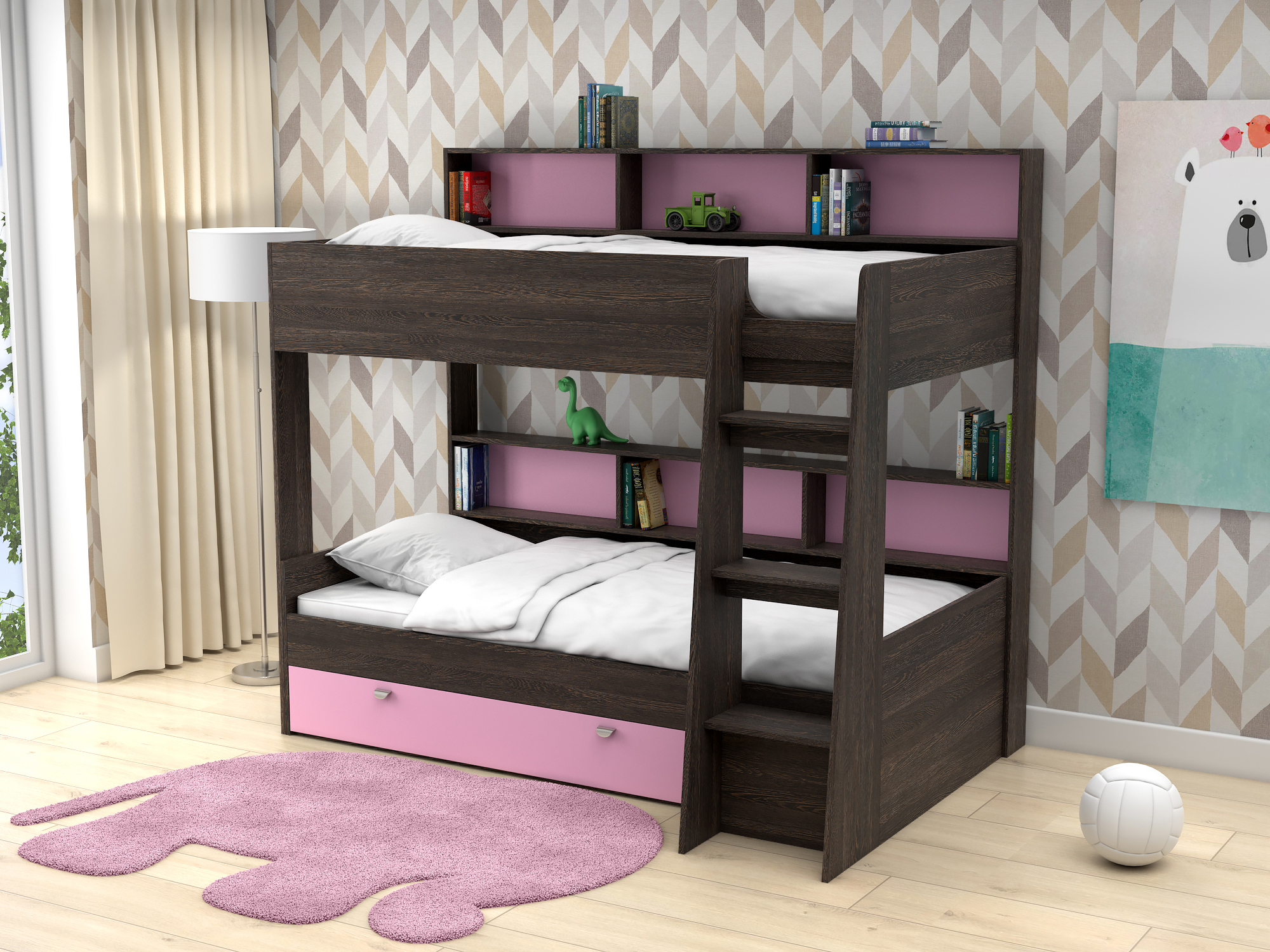Двухъярусная кровать Golden Kids-1 (90х200) Розовый, Коричневый темный, ЛДСП