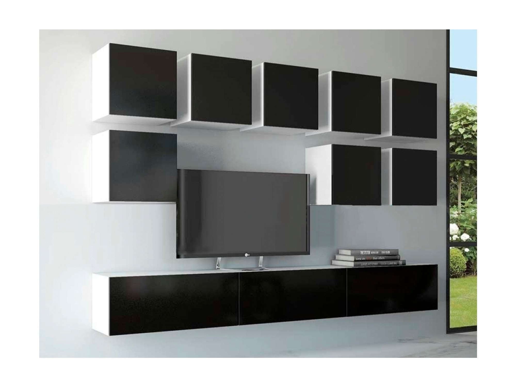 Модульная гостиная Флорис, композиция 4 (Черный глянец, Белый) Черный, МДФ, ЛДСП