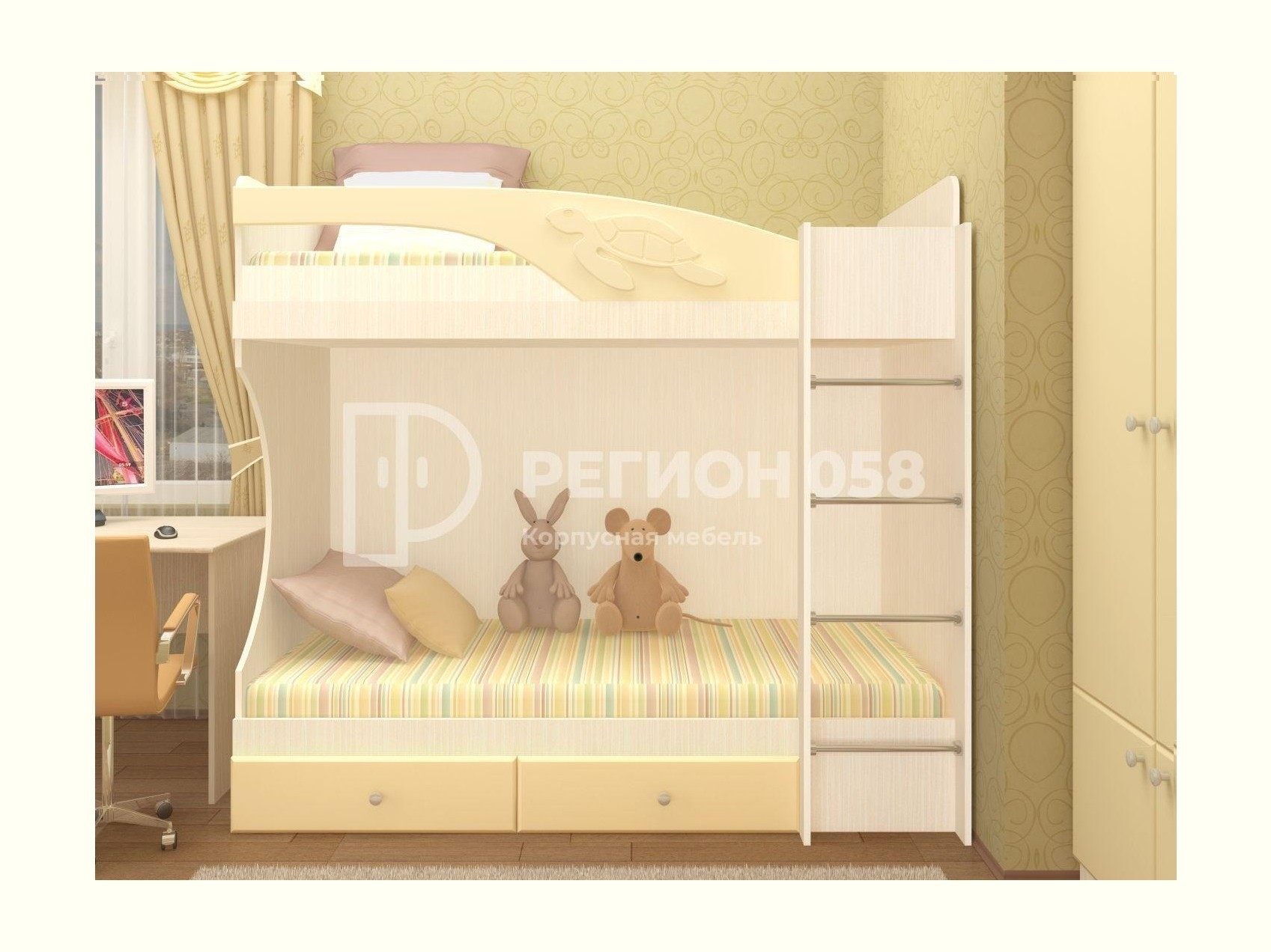 Двухъярусная кровать Бемби МДФ (фасад 3D) (Ваниль матовая, шимо светлый) Бежевый двухъярусная кровать бемби мдф фасад 3d латте глянец шимо светлый бежевый