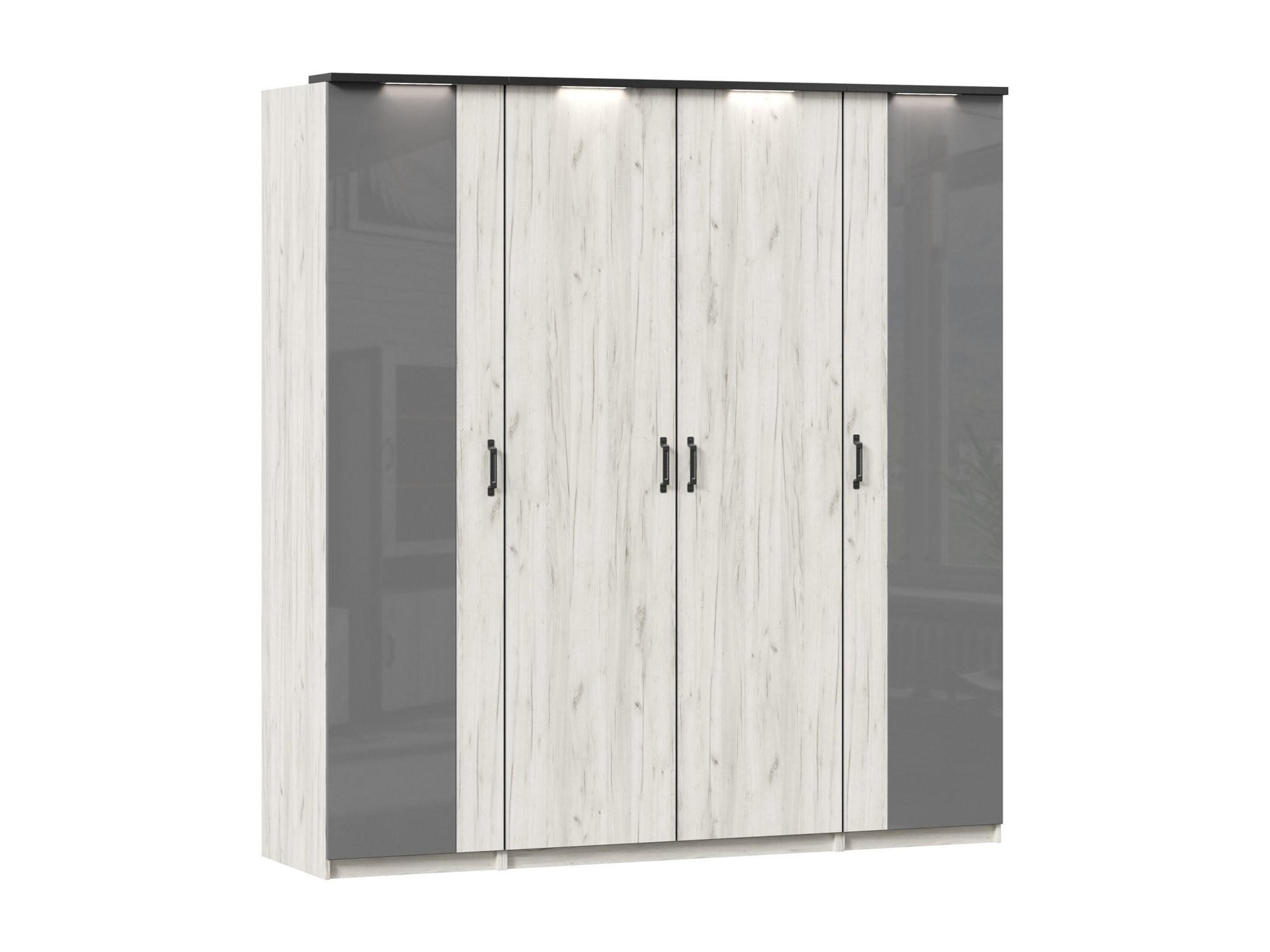 Техно Шкаф четырехстворчатый с комбинированными дверями (Дуб Крафт белый) Белый
