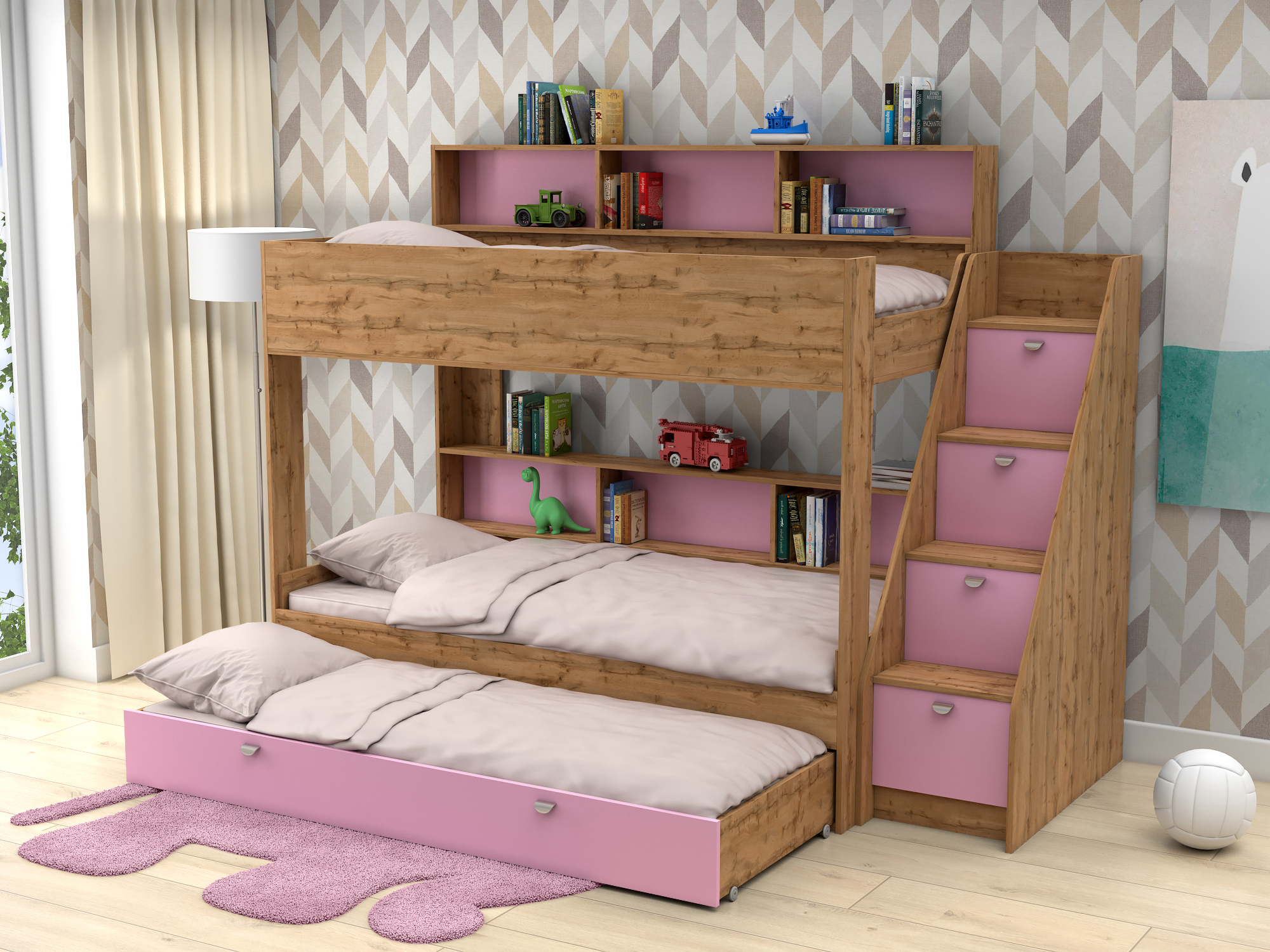 Трехъярусная кровать Golden Kids 10.1 (90х190/85х185) Розовый, Бежевый, ЛДСП кровати для подростков белый слон plus golden kids 10 1 трехъярусная венге