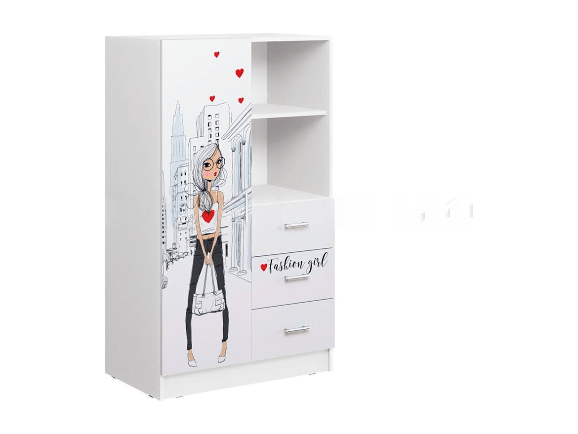 Вега NEW Girl Шкаф комбинированный (Белый / Белый глянец) Дуб белёный, ЛДСП с рисунком, ЛДСП