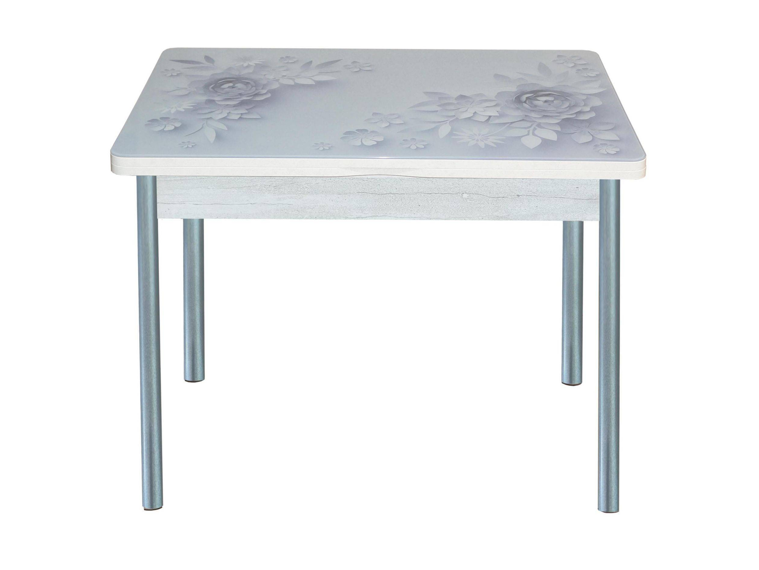 Стол обеденный поворотно раскладной фотопечать Симпл / бетон белый Цветы на сером / опора круглая серебристый металлик