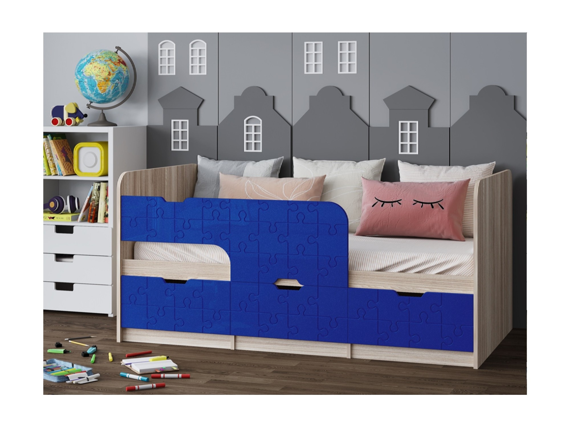 Детская кровать Юниор-9, 80х180 (Темно-синий металлик, Ясень шимо светлый) Темно-синий металлик, Бежевый, ЛДСП