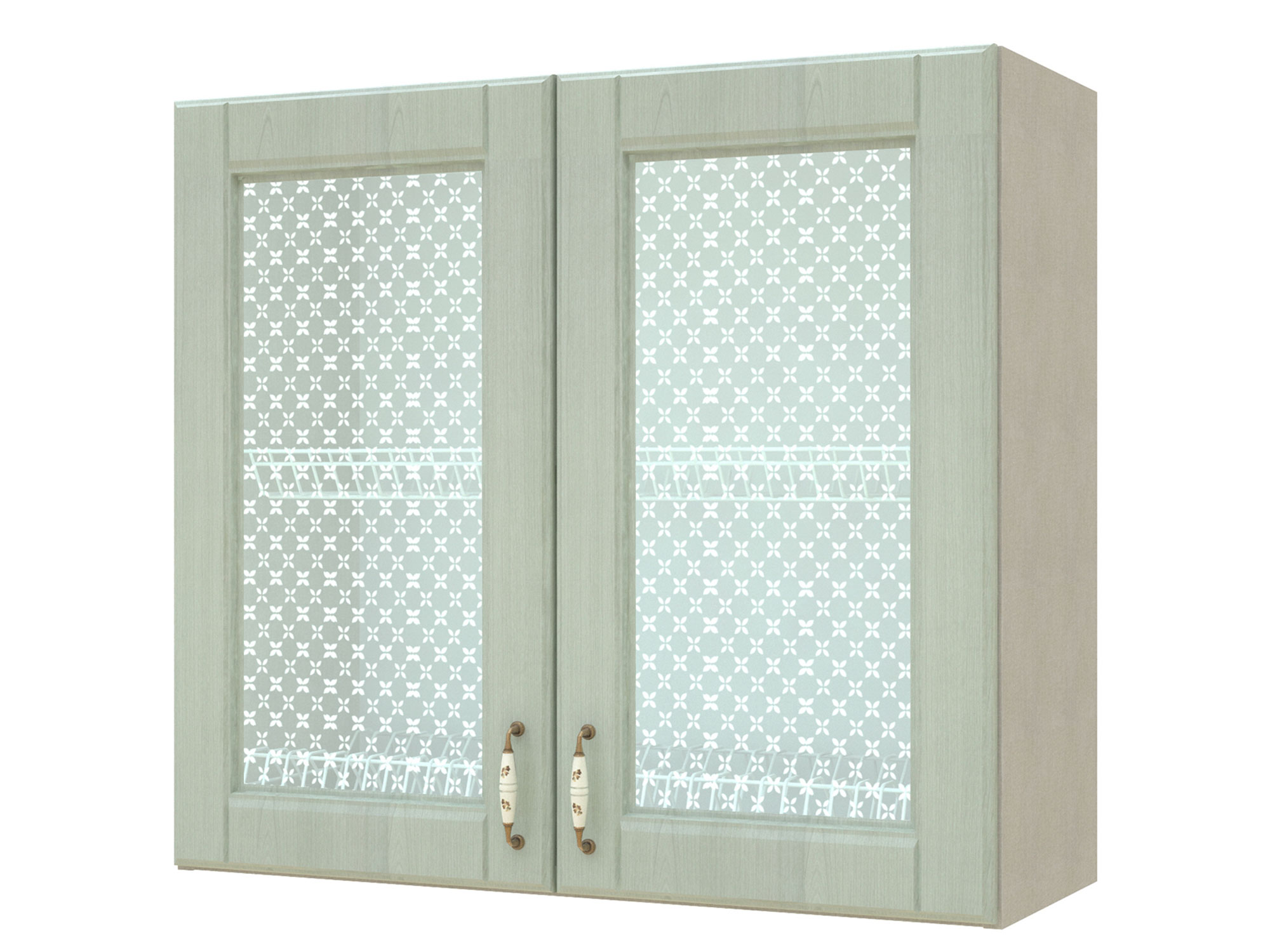 Шкаф-витрина с сушками двухдверный Изабелла 80 см Ясень зеленый, Бежевый, МДФ, Пленка ПВХ, КДСП