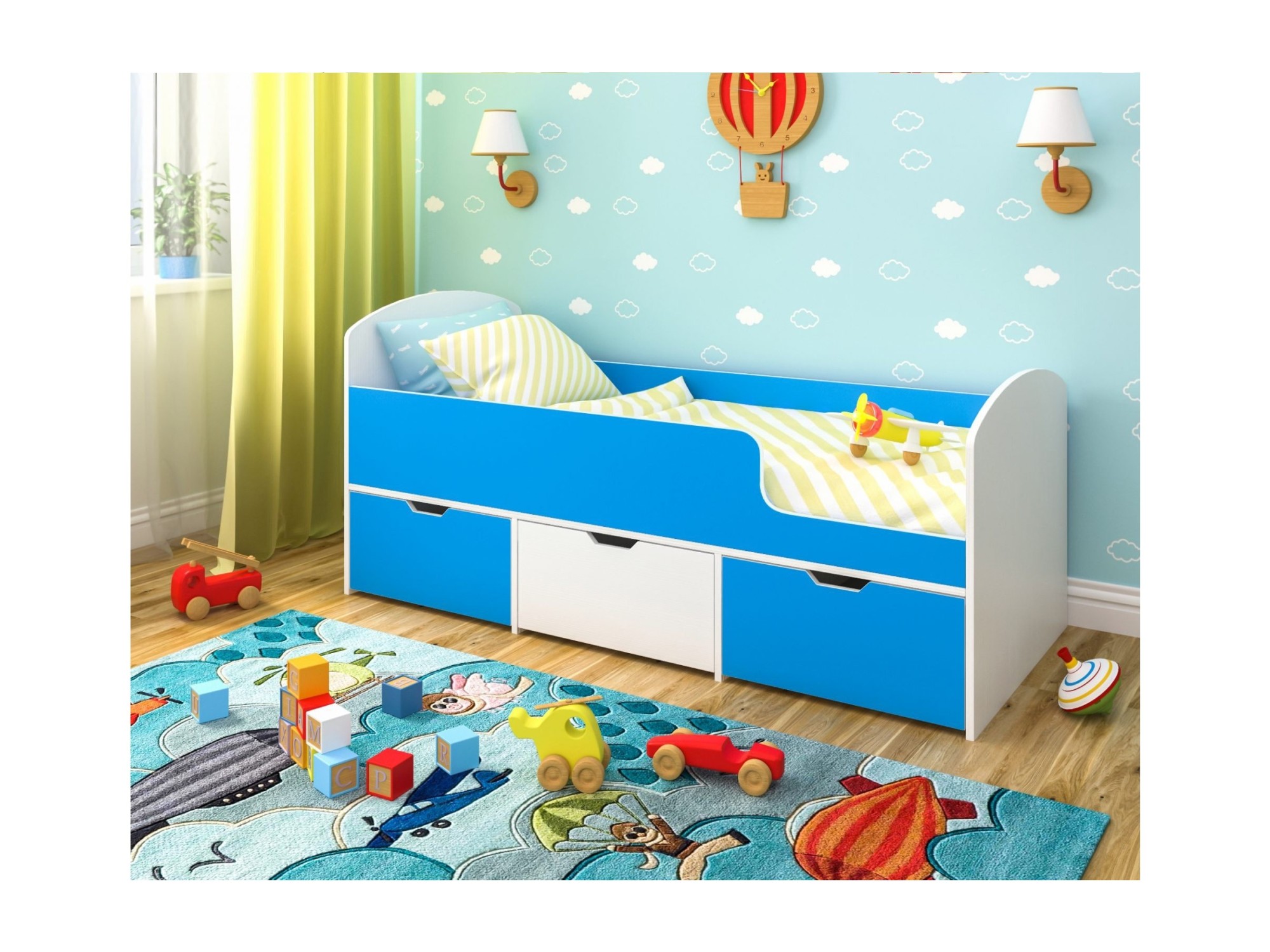 Кровать Малыш Мини (Белое дерево, Голубой) Голубой, ЛДСП