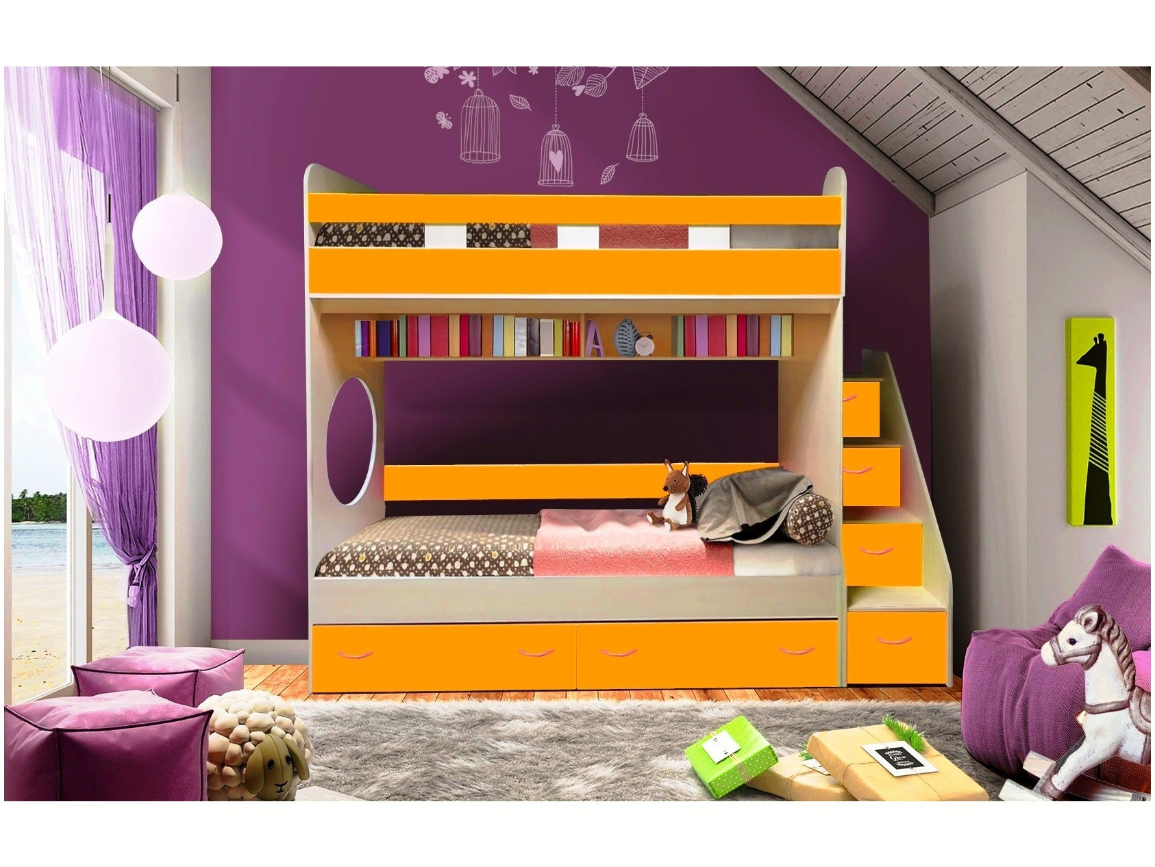 Двухъярусная кровать Юниор 1 + бортик Юниор (Белое дерево, Оранжевый) Белый, ЛДСП цена и фото