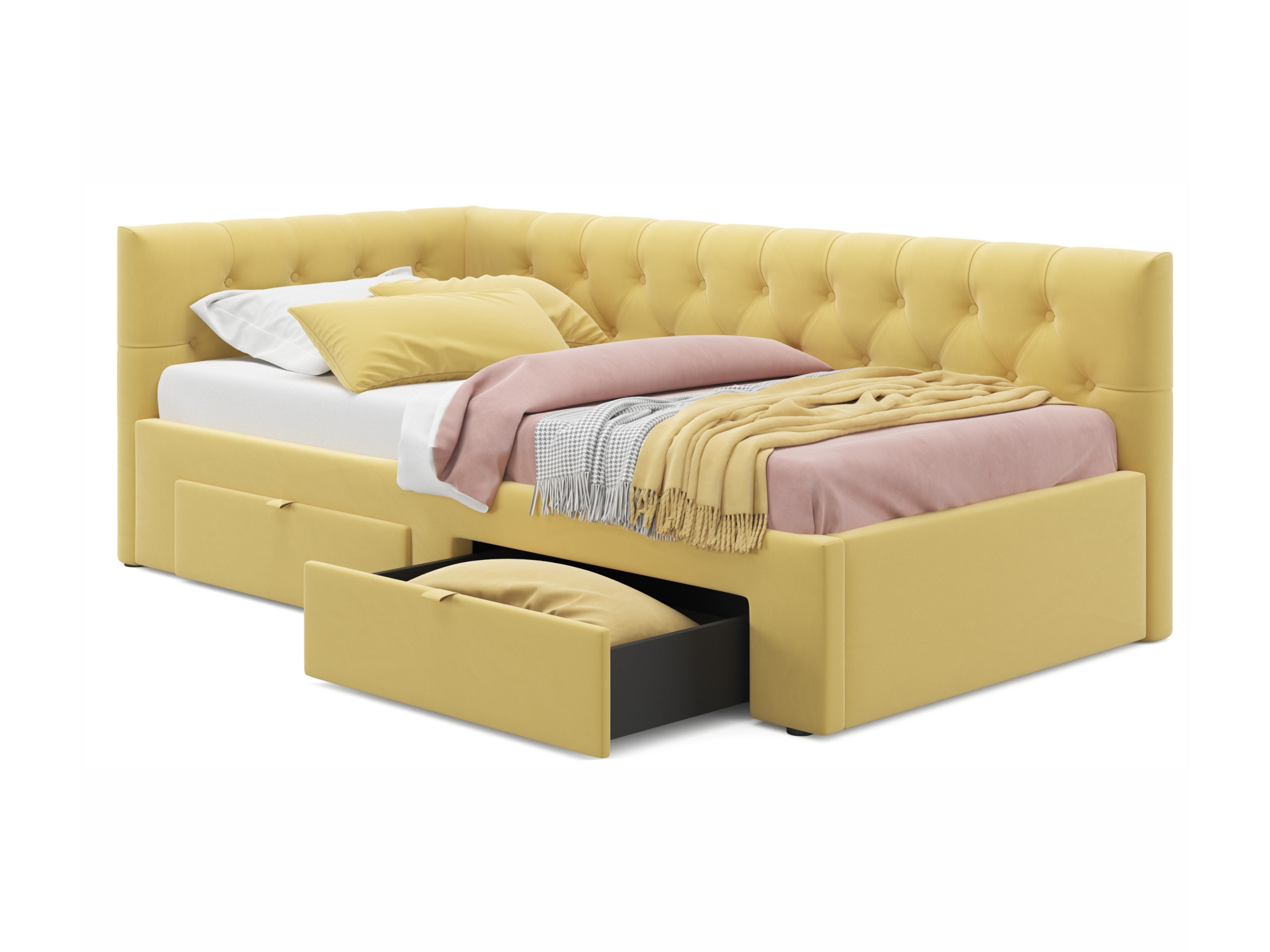 Односпальная кровать-тахта Afelia с ящиками 900 желтая с ортопедическим основанием желтый, Желтый, Велюр, ДСП
