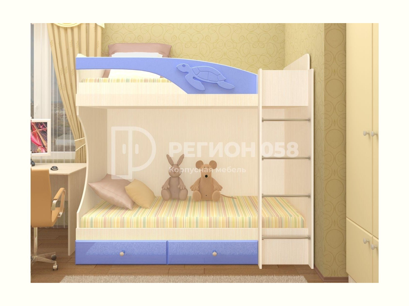Двухъярусная кровать Бемби МДФ (фасад 3D) (Голубой металлик, шимо светлый) Бежевый