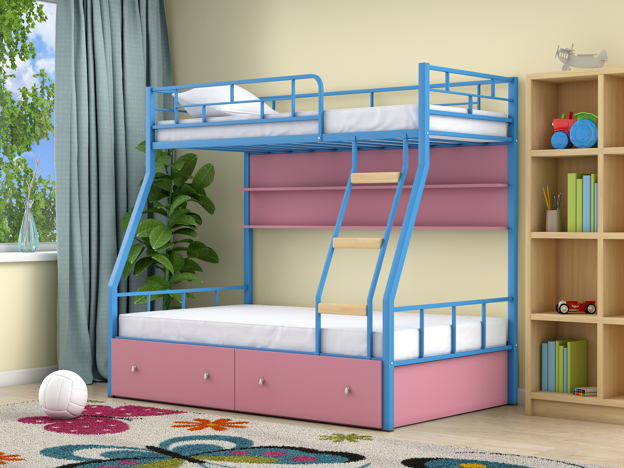 Двухъярусная кровать Радуга (90х190/120х190) Розовый, Голубой, ЛДСП, Металл цена и фото