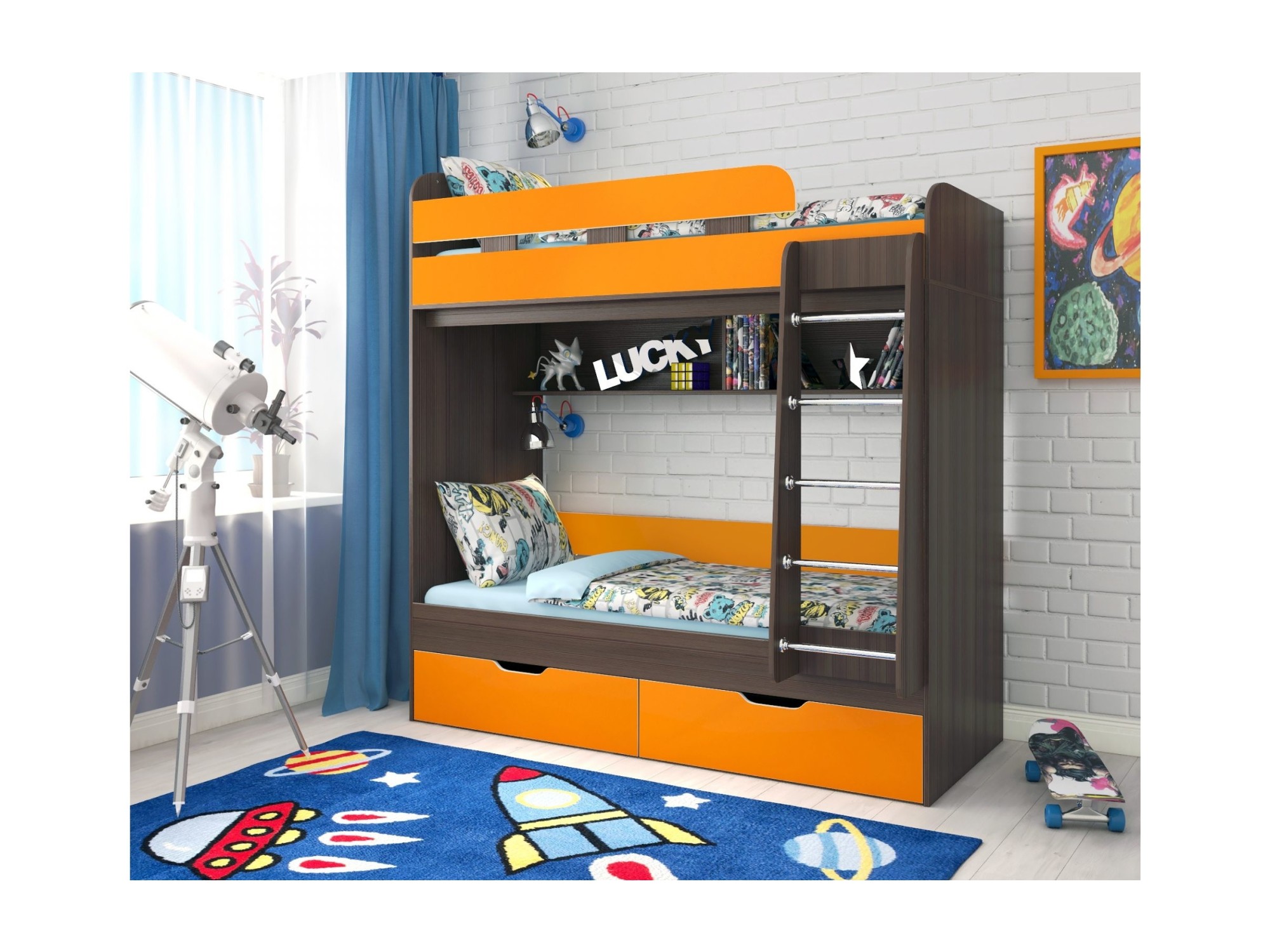 Двухъярусная кровать Юниор 5 (Ясень Анкор Темный, Оранжевый) Коричневый, ЛДСП двухъярусная кровать юниор 5 дуб молочный оранжевый бежевый лдсп