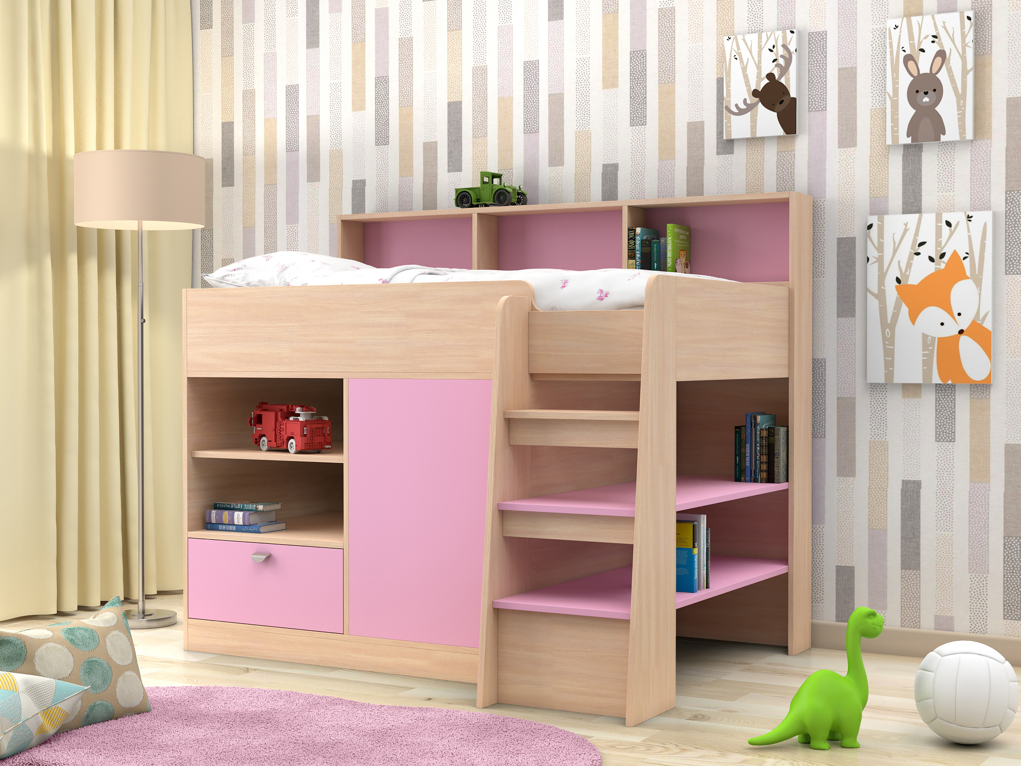 Кровать чердак Golden Kids 9 (80х160) Розовый, Белый, Бежевый, ЛДСП