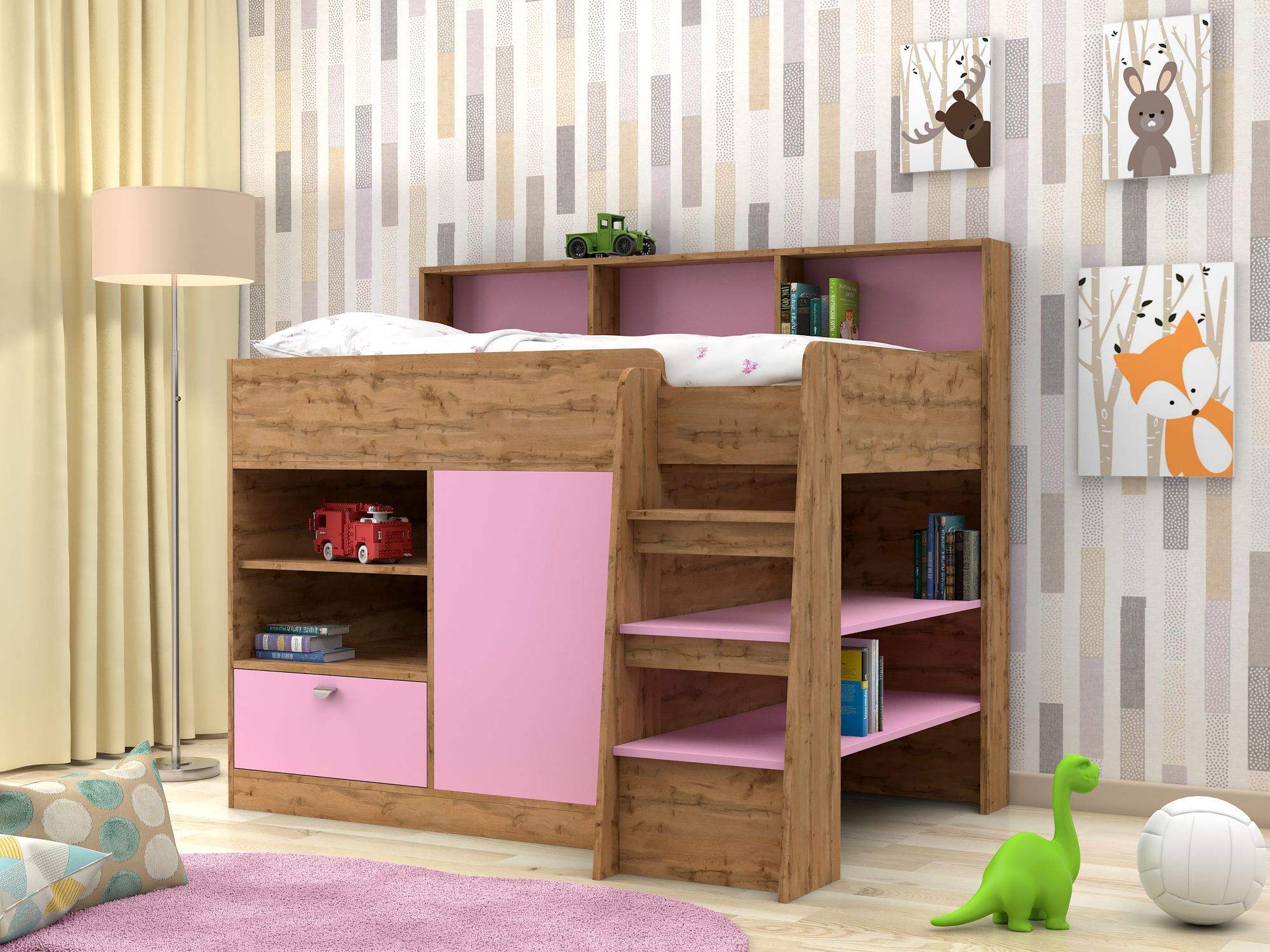 Кровать чердак Golden Kids 9 (80х160) Розовый, Бежевый, ЛДСП кровать чердак капризун 2 80х160 дуб млечный бежевый зеленый лдсп