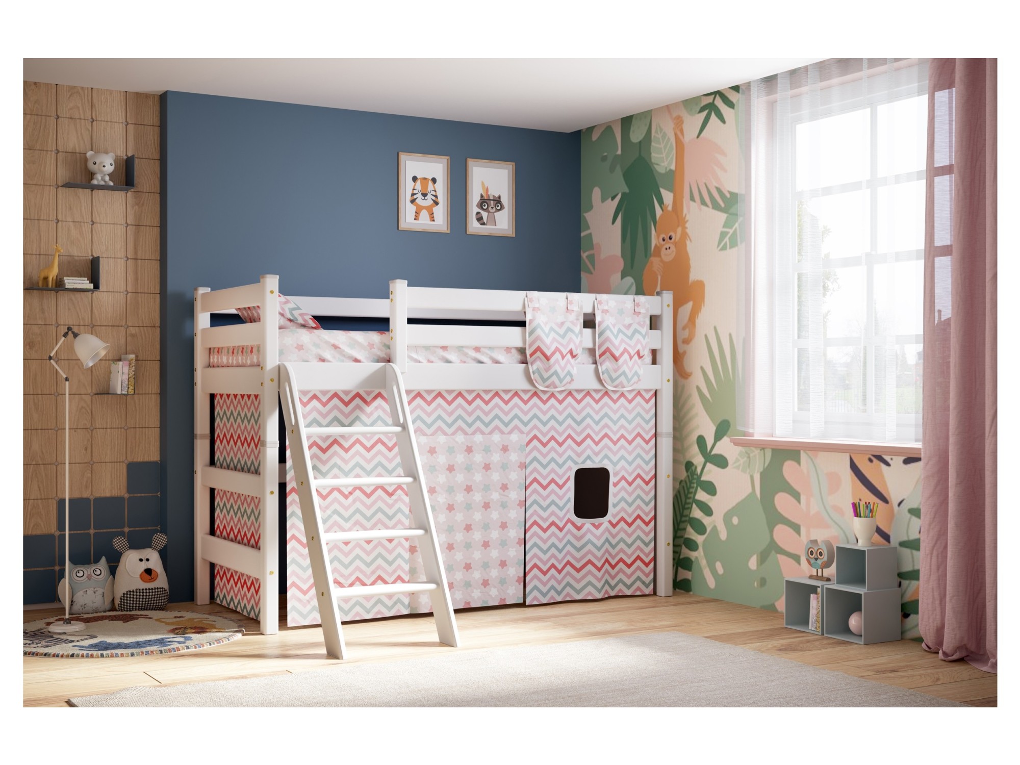 детская двухъярусная кровать мебельград соня с наклонной лестницей вариант 10 Кровать Соня (вариант 6) полувысокая с наклонной лестницей, белый Белый, Массив, ЛДСП
