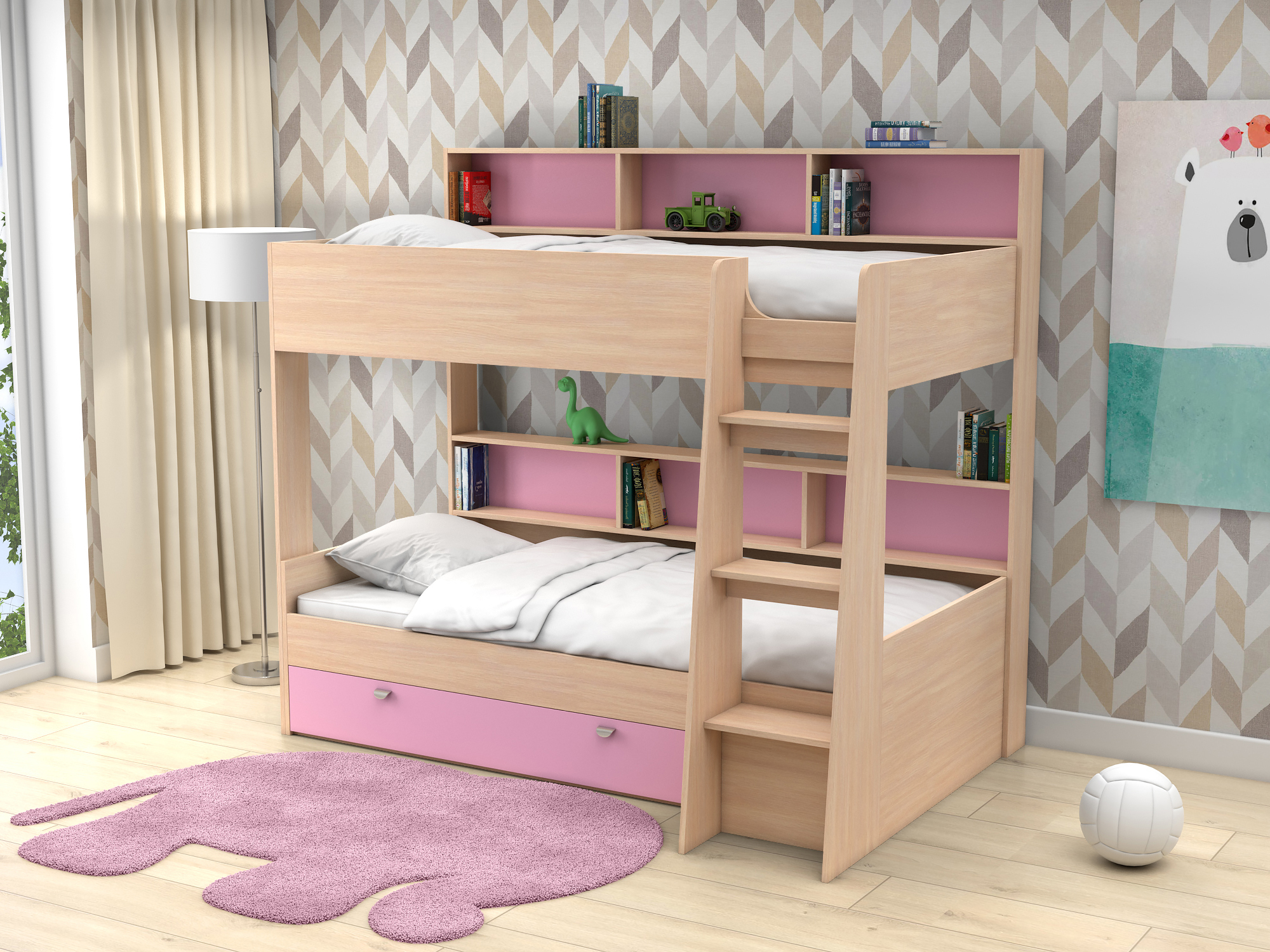Двухъярусная кровать Golden Kids-1 (90х200) Розовый, Белый, Бежевый, ЛДСП кровати для подростков белый слон plus golden kids 1 двухъярусная белый