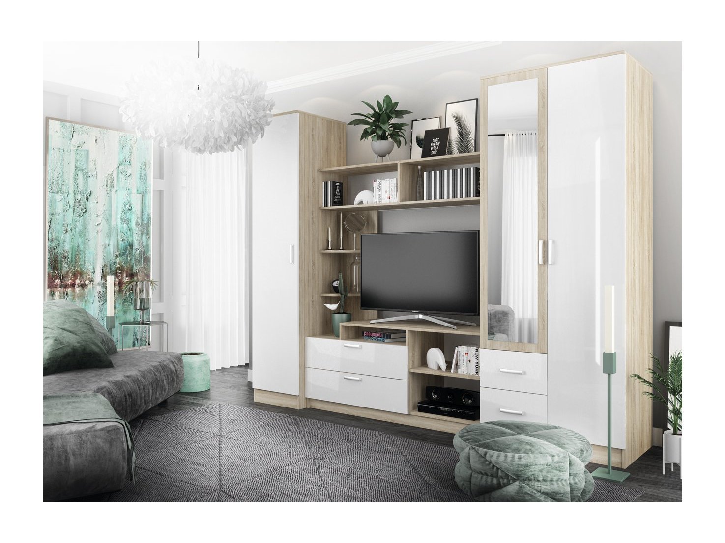 Модульная гостиная Софи, композиция 2 (Белый глянец, Дуб Сонома) Бежевый, ЛДСП гостиная софи