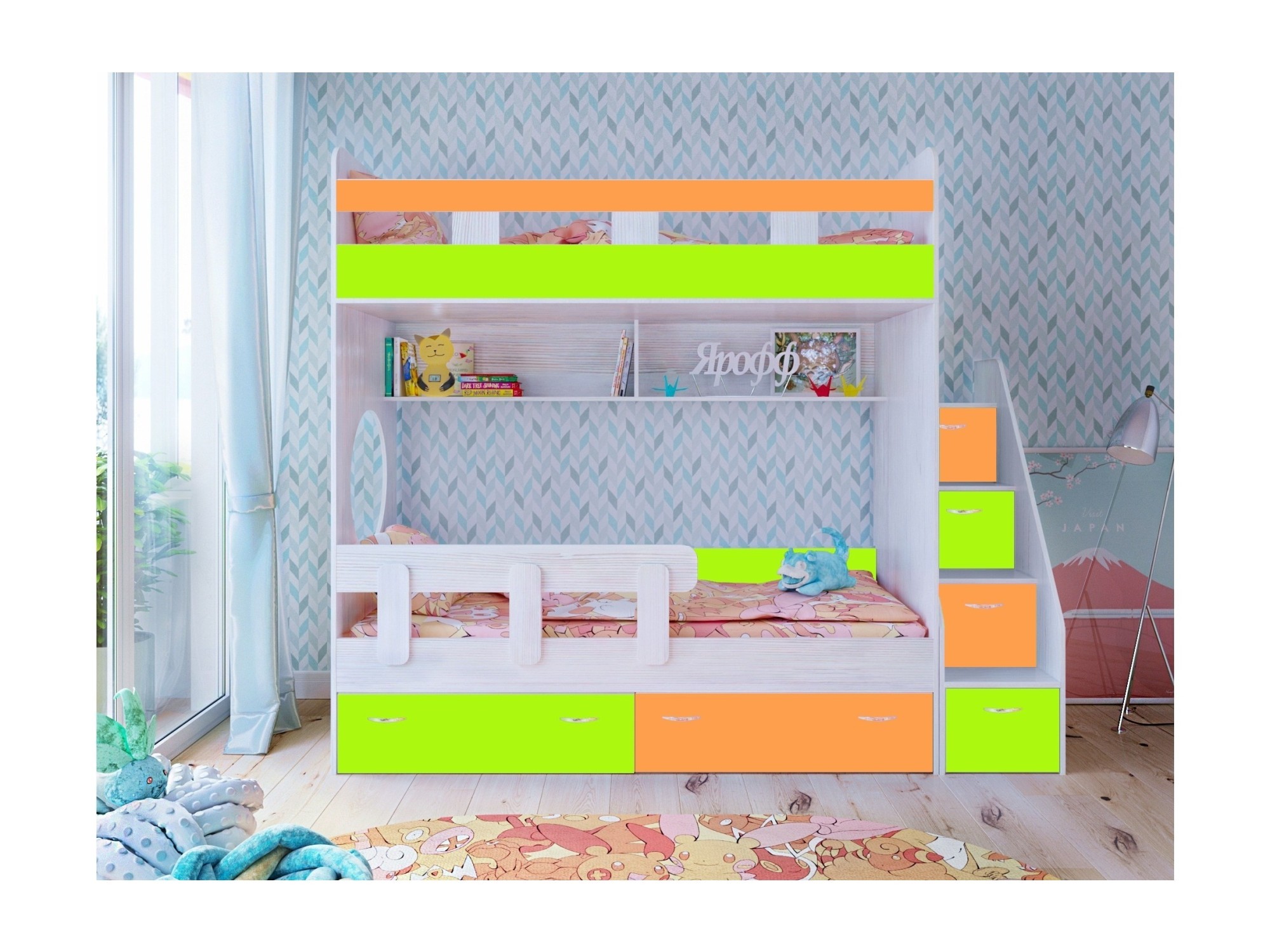 Двухъярусная кровать Юниор 1 + бортик Юниор (Винтерберг, Лайм / Оранжевый) Зеленый, Оранжевый, ЛДСП цена и фото