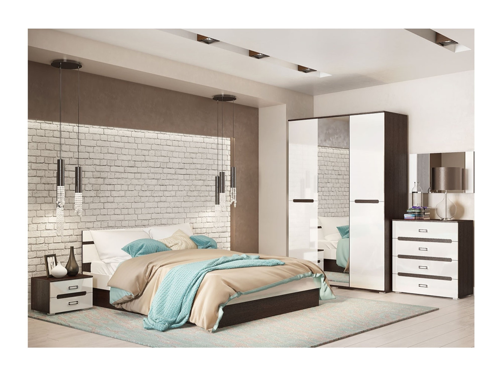Модульная спальня Ким (Белый глянец, Венге) Белый глянец, Коричневый темный, МДФ, ЛДСП
