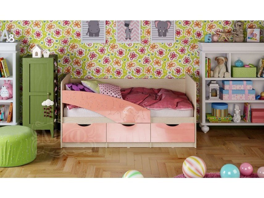 Детская кровать Бабочки 80х180, розовый металл Белый, МДФ, ЛДСП кровать двухъярусная с ящиками капризун 6 80х180 80х180 дуб млечный бежевый лдсп