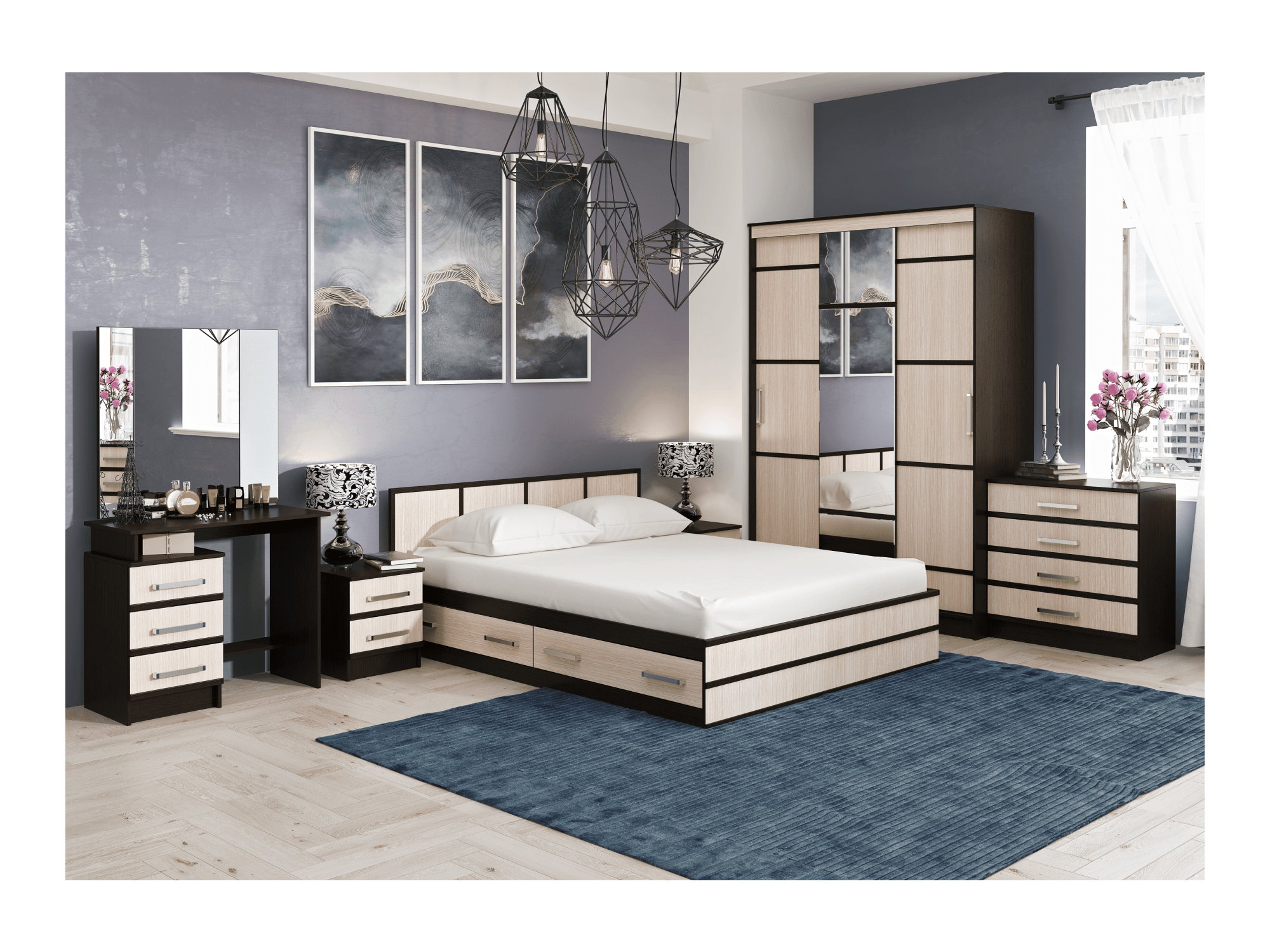 Модульная спальня Сакура (Венге / дуб беленый) Коричневый темный, Бежевый, ЛДСП кровать с подъёмником кр 041 спальня медина анкор дуб беленый