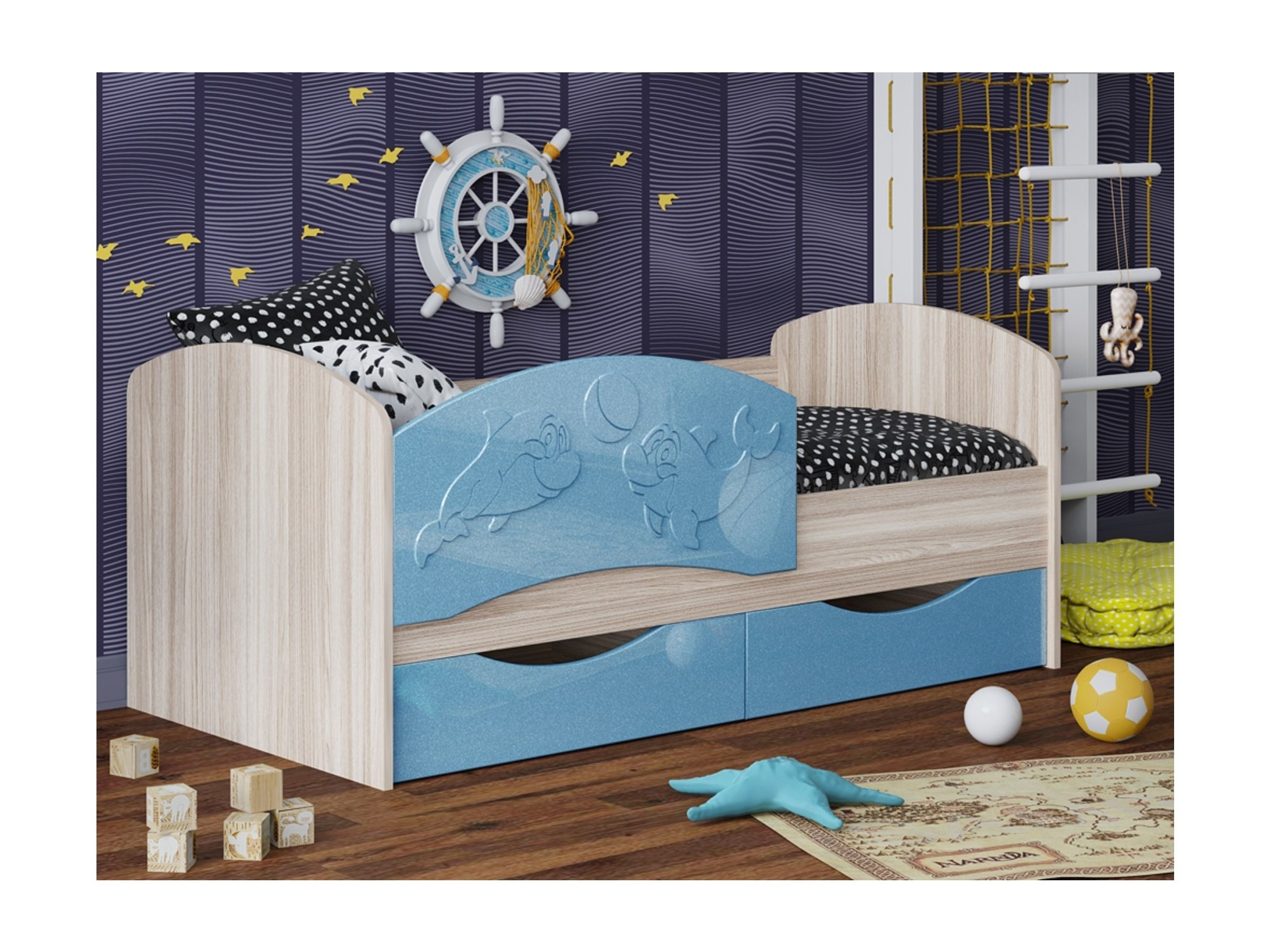 кровать алиса 80х160 голубой бежевый мдф лдсп Детская кровать Дельфин-3 МДФ голубой, 80х160 МДФ, ЛДСП