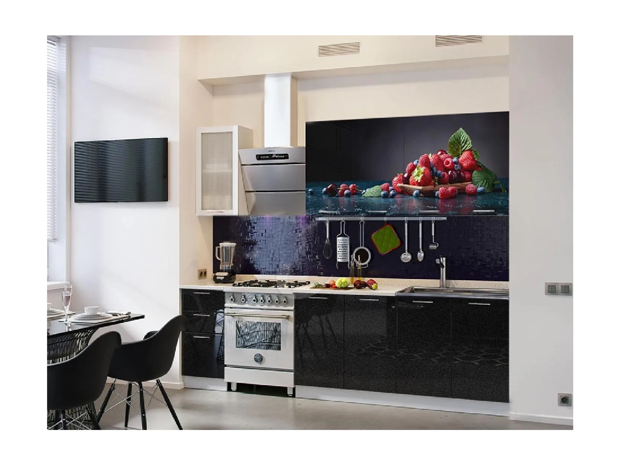 Кухня МДФ 2000 с фотопечатью Ягоды (Черный металлик, Белый) Черный, МДФ, ЛДСП
