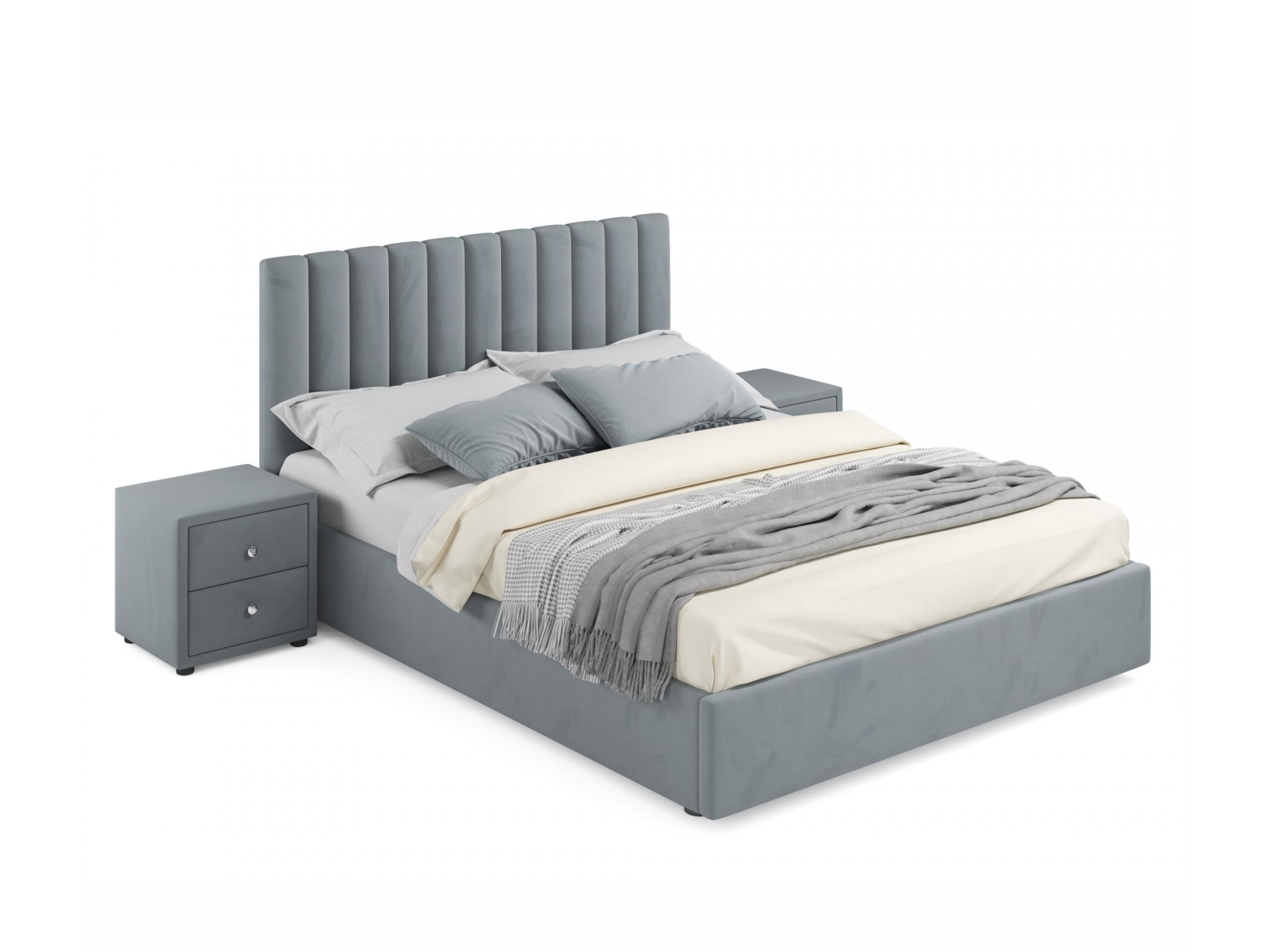Мягкая кровать с тумбами Olivia 1600 серая с подъемным механизмом серый, Серый, Велюр, ДСП
