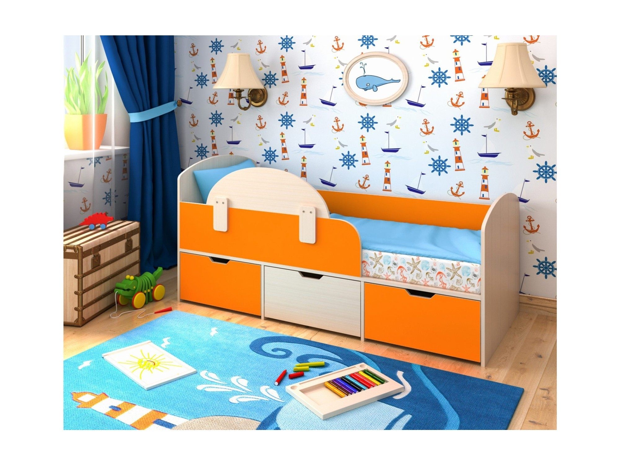 Кровать Малыш Мини (Дуб молочный, Оранжевый) ЛДСП