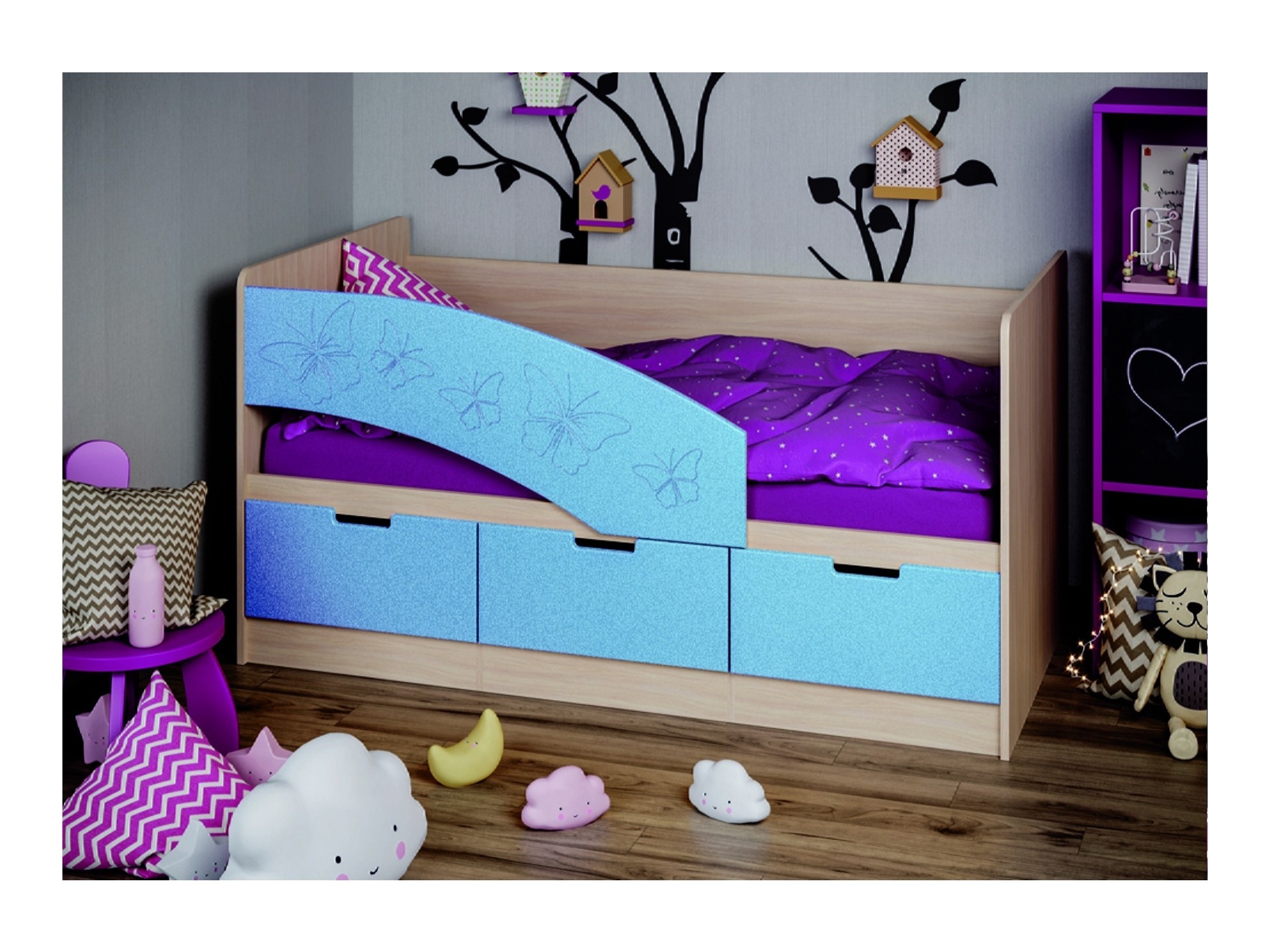 Детская кровать Бемби-8 МДФ, 80х160 (Голубой металлик, Ясень шимо светлый) Голубой металлик, Бежевый, ЛДСП