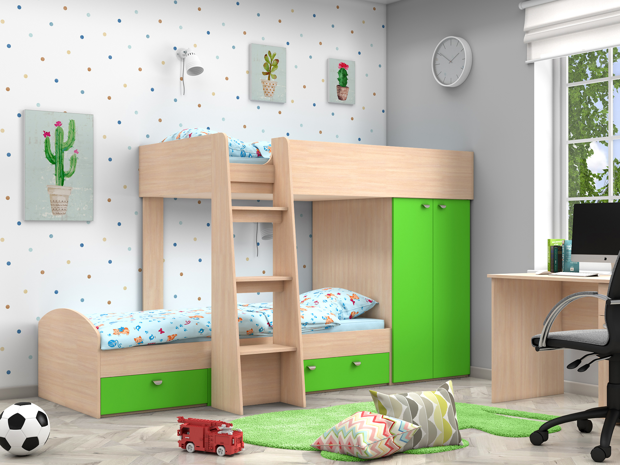 Двухъярусная кровать Golden Kids-2 (90х200) Зеленый, Белый, Бежевый, ЛДСП двухъярусная кровать golden kids 2 90х200 зеленый бежевый лдсп
