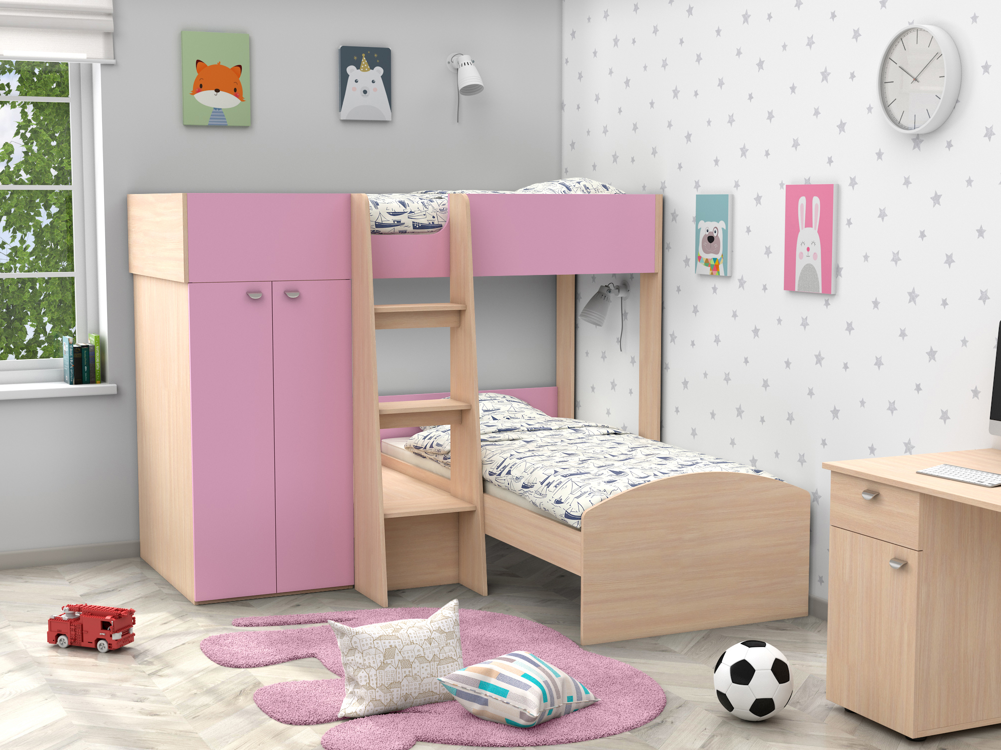 Двухъярусная кровать Golden Kids-4 (90х200) Розовый, Белый, Бежевый, ЛДСП
