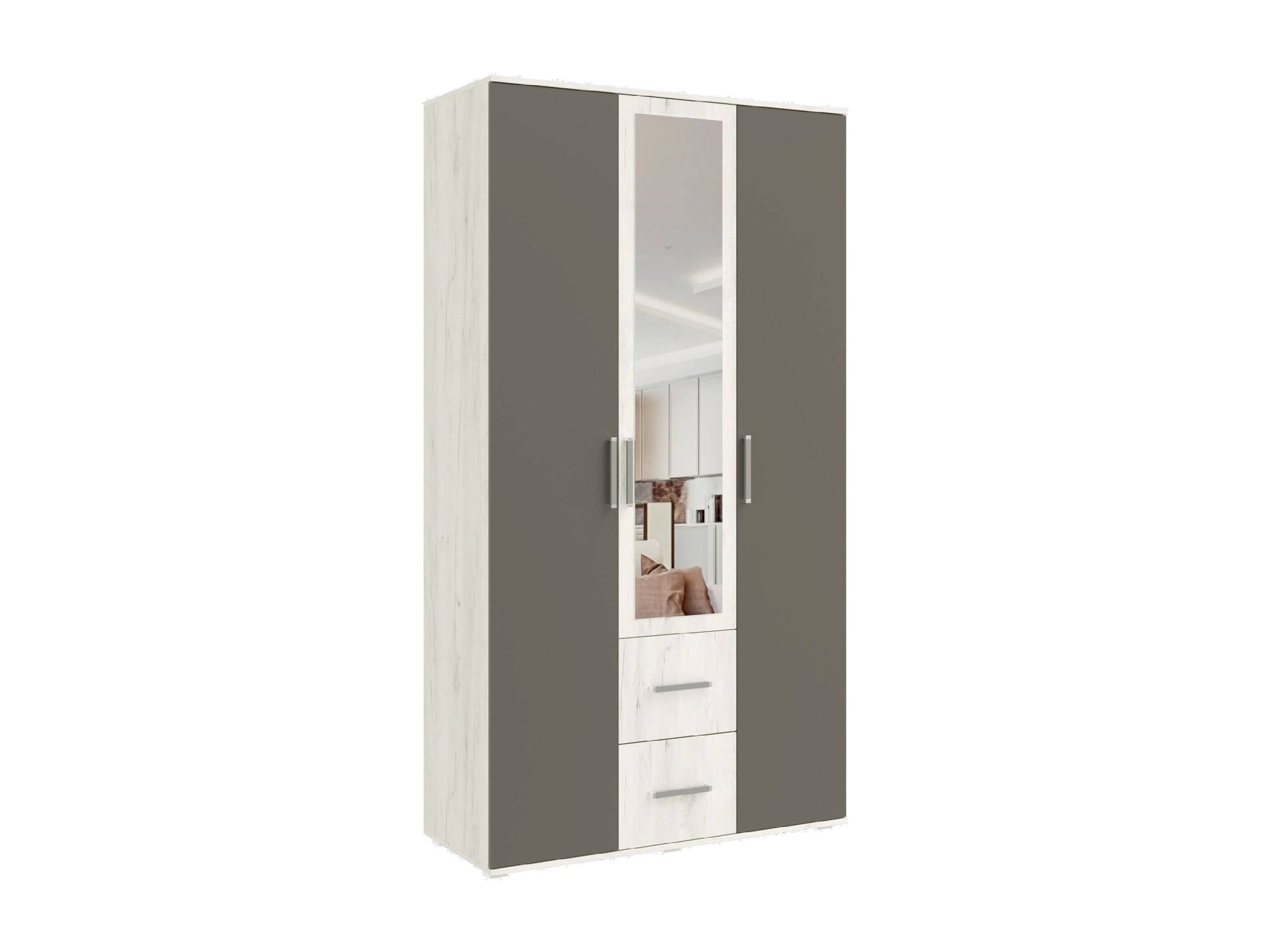 Фиеста NEW Шкаф трехдверный с зеркалом (Крафт белый, Графит) Белый, ЛДСП шкаф трехдверный с зеркалом беатрис 8 палермо софт латте