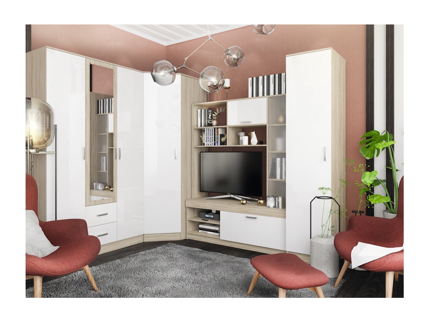 Модульная гостиная Софи, композиция 3 (Белый глянец, Дуб Сонома) Бежевый, ЛДСП гостиная софи