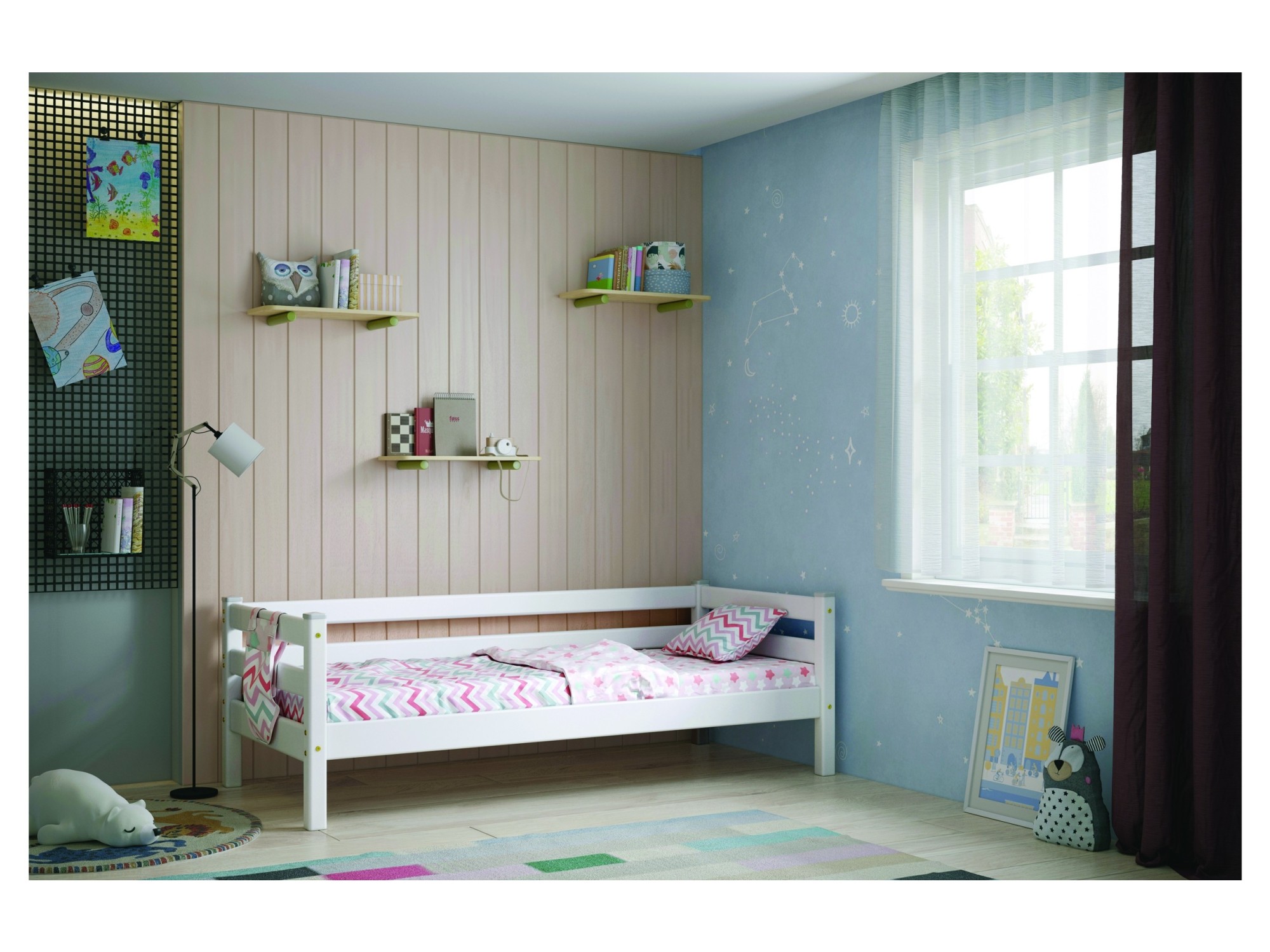 Кровать Соня (вариант 2) с задней защитой, белый Белый, Массив соня штора на полувысокую кровать 1910х1000 810х1000 розовый